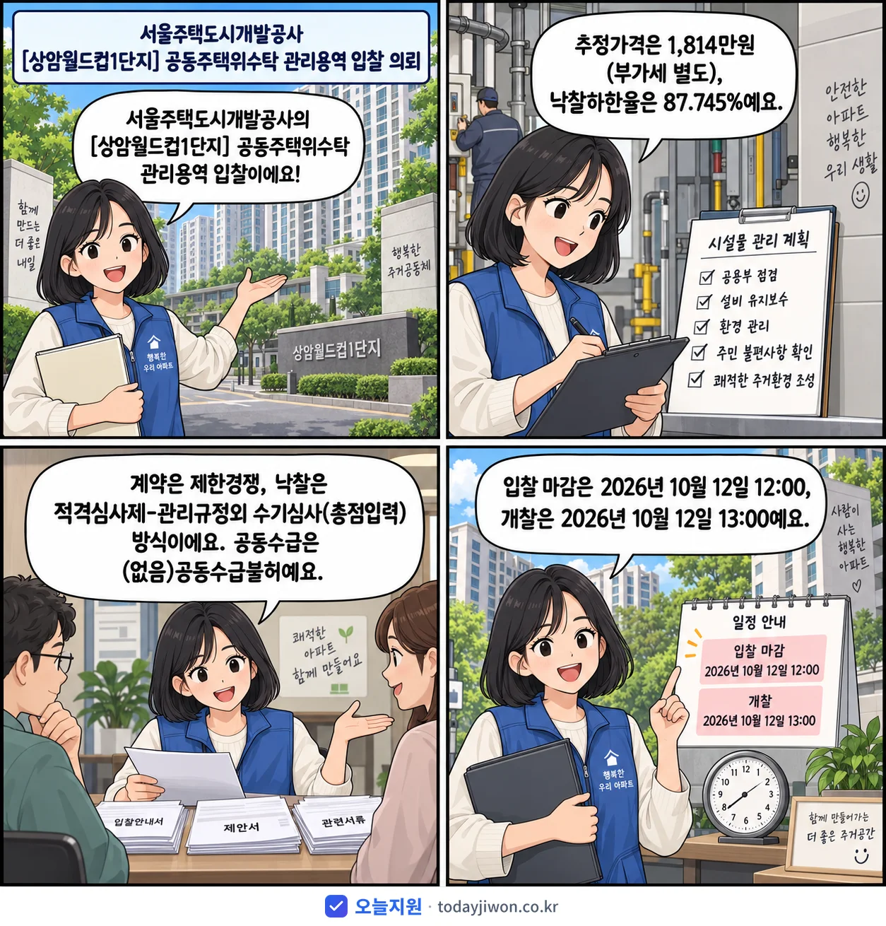 4컷 만화로 보는 공고: 서울주택도시개발공사 '공동주택위수탁 관리용역 입찰 의뢰', 추정가격 1,814만원, 입찰 마감 10/12 12:00