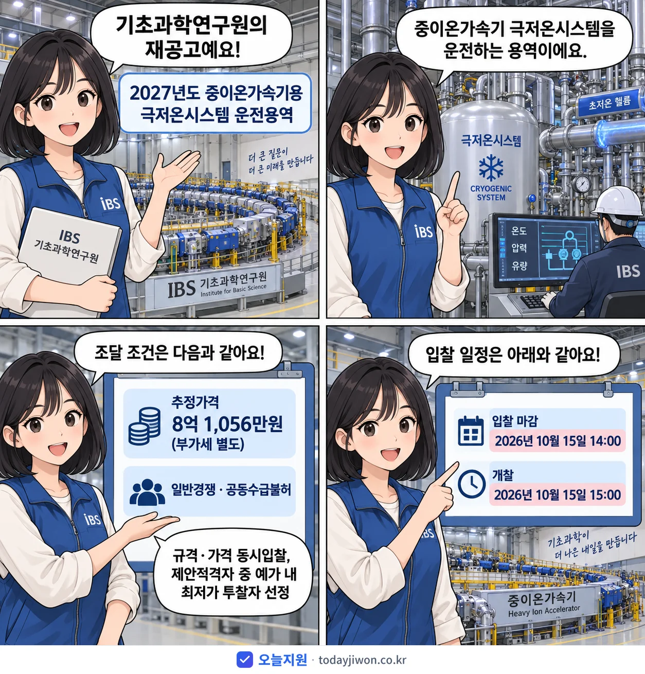 4컷 만화로 보는 공고: 기초과학연구원 '중이온가속기용 극저온시스템 운전용역', 추정가격 8억 1,056만원, 입찰 마감 10/15 14:00