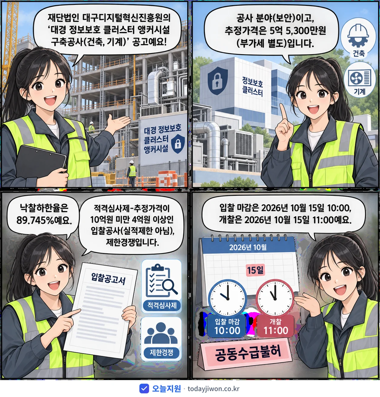 4컷 만화로 보는 공고: 재단법인 대구디지털혁신진흥원 '대경 정보보호 클러스터 앵커시설 구축공사(건축, 기계)', 추정가격 5억 5,300만원, 입찰 마감 10/15 10:00