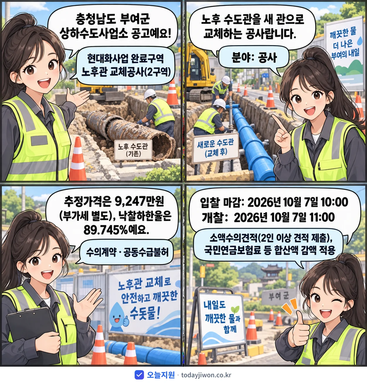 4컷 만화로 보는 공고: 충청남도 부여군 상하수도사업소 '현대화사업 완료구역 노후관 교체공사(2구역)', 추정가격 9,247만원, 입찰 마감 10/7 10:00