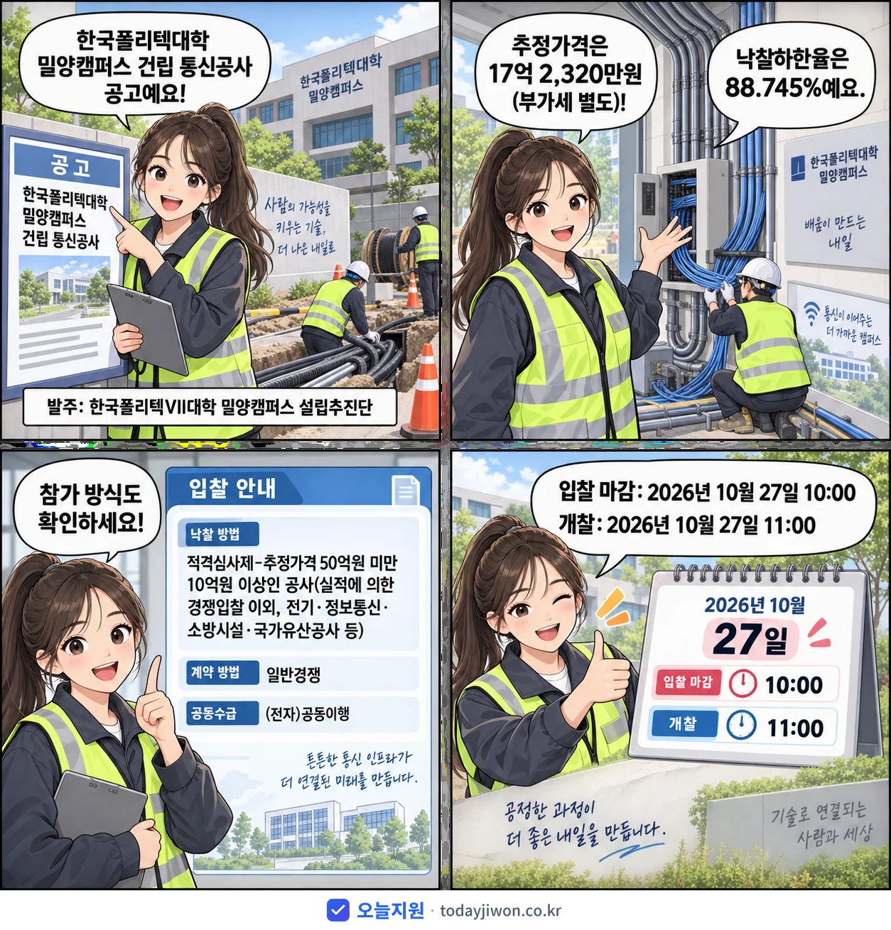 4컷 만화로 보는 공고: 한국폴리텍VII대학 밀양캠퍼스 설립추진단 '한국폴리텍대학 밀양캠퍼스 건립 통신공사', 추정가격 17억 2,320만원, 입찰 마감 10/27 10:00
