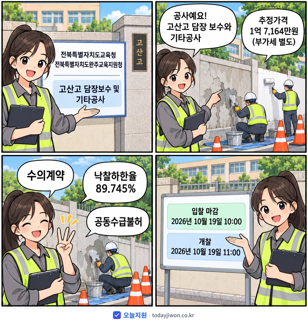 4컷 만화로 보는 공고: 전북특별자치도교육청 전북특별자치도완주교육지원청 '고산고 담장보수 및 기타공사', 추정가격 1억 7,164만원, 입찰 마감 10/19 10:00