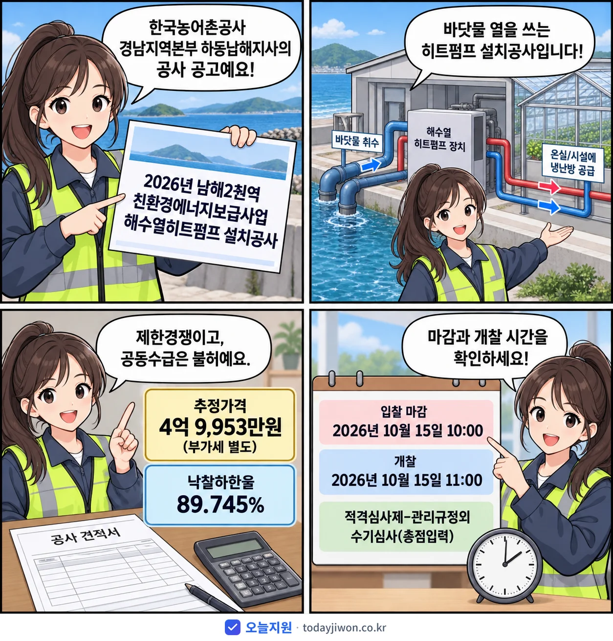 4컷 만화로 보는 공고: 한국농어촌공사 경남지역본부 하동남해지사 '남해2권역 친환경에너지보급사업 해수열히트펌프 설치공사', 추정가격 4억 9,953만원, 입찰 마감 10/15 10:00