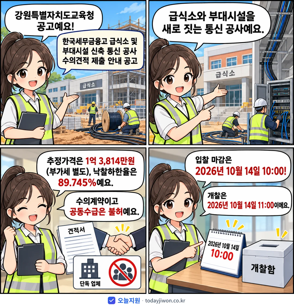 4컷 만화로 보는 공고: 강원특별자치도교육청 '한국세무금융고 급식소 및 부대시설 신축 통신 공사 수의견적 제출 안내…', 추정가격 1억 3,814만원, 입찰 마감 10/14 10:00