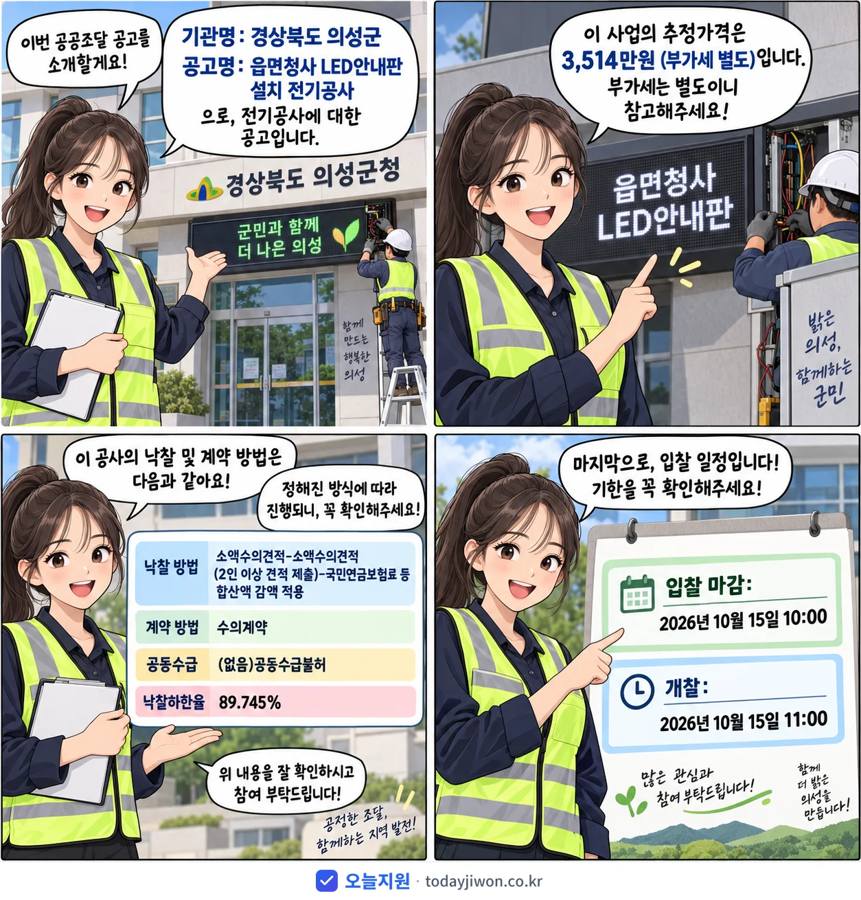 4컷 만화로 보는 공고: 경상북도 의성군 '읍면청사 LED안내판 설치 전기공사', 추정가격 3,514만원, 입찰 마감 10/15 10:00