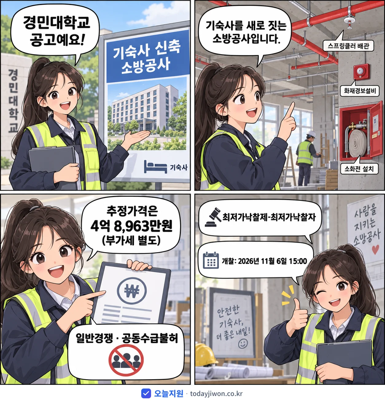 4컷 만화로 보는 공고: 경민대학교 '기숙사 신축 소방공사', 추정가격 4억 8,963만원
