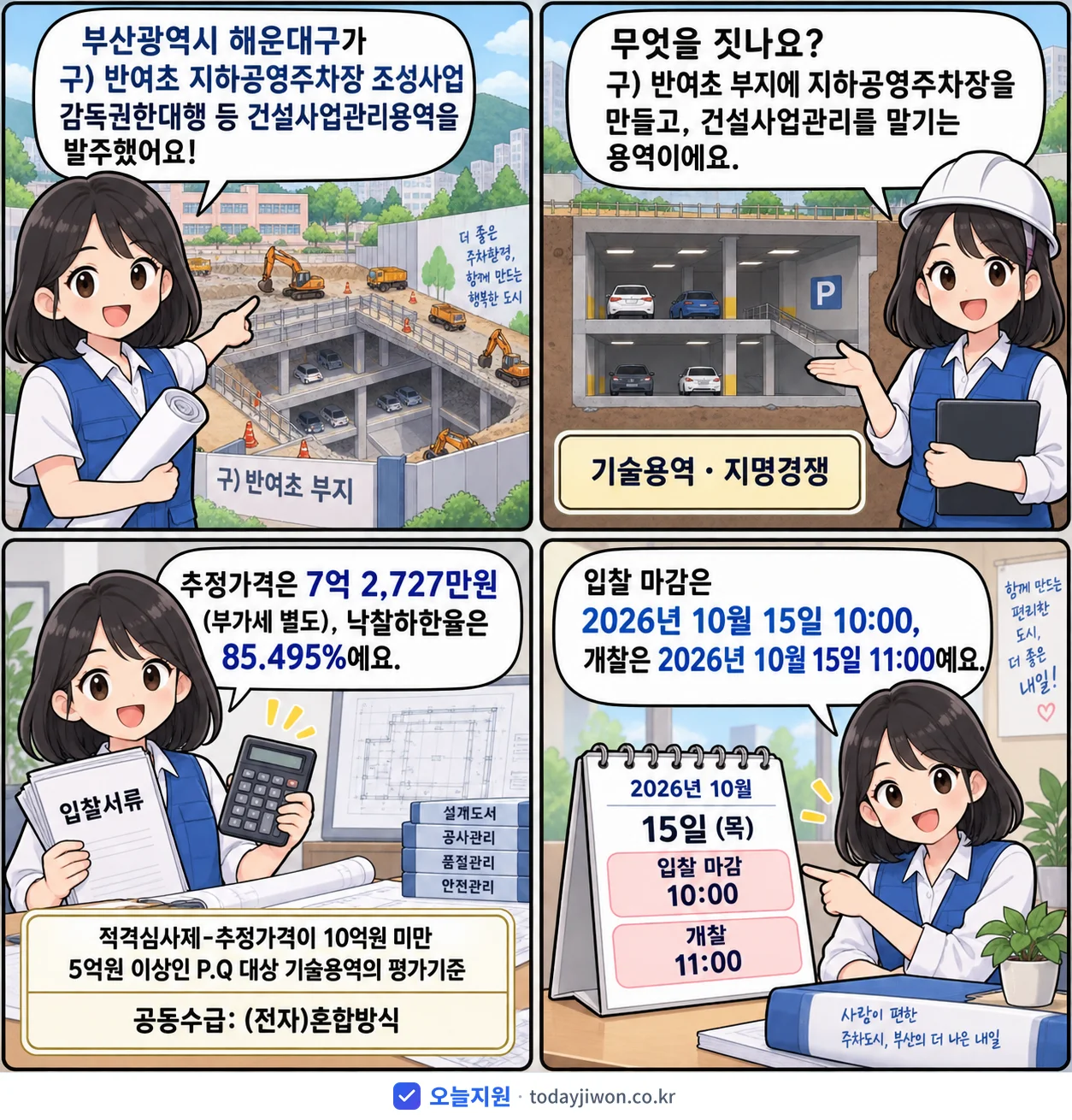 4컷 만화로 보는 공고: 부산광역시 해운대구 '구) 반여초 지하공영주차장 조성사업 감독권한대행 등 건설사업관리용역', 추정가격 7억 2,727만원, 입찰 마감 10/15 10:00