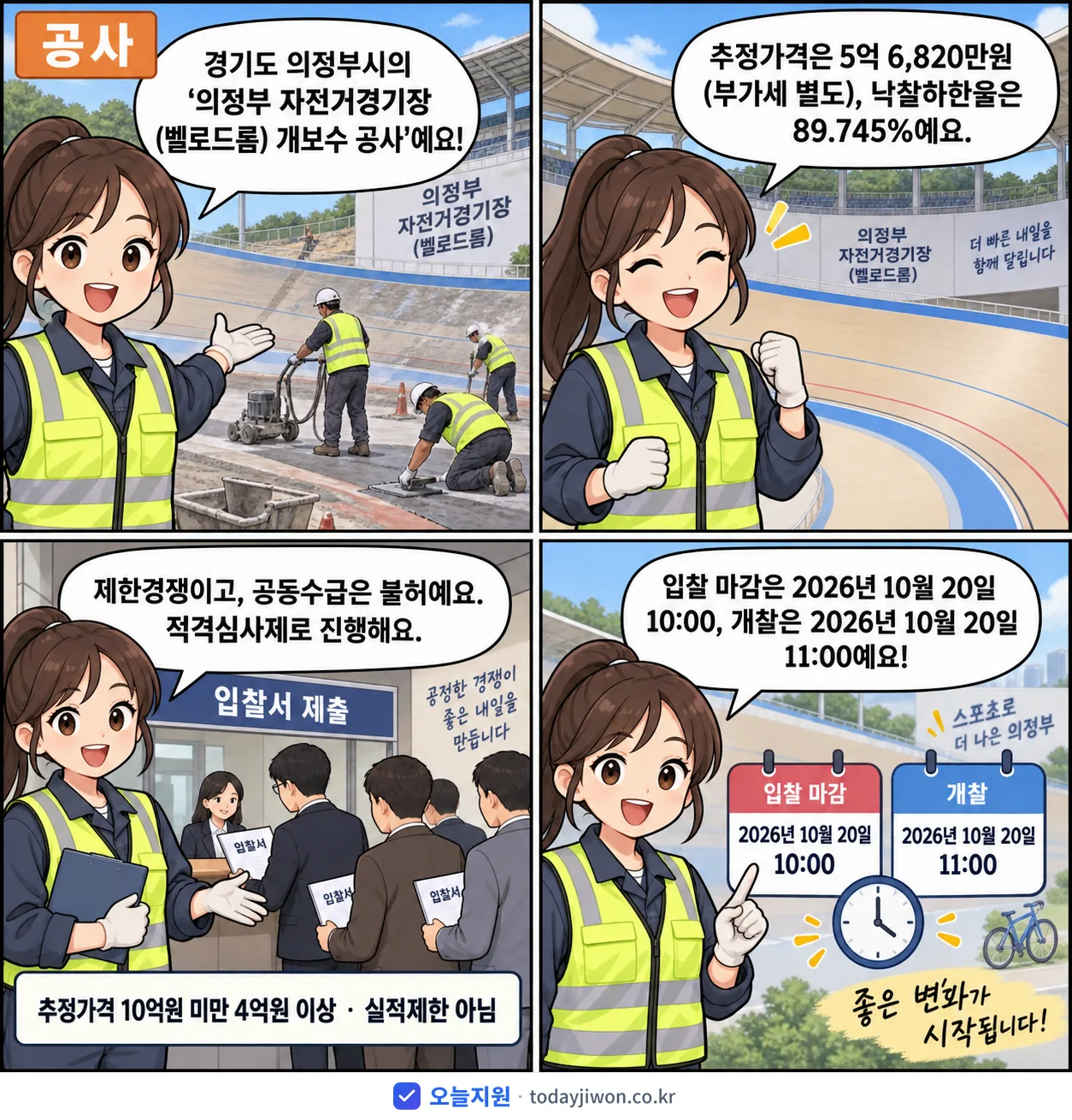 4컷 만화로 보는 공고: 경기도 의정부시 '의정부 자전거경기장(벨로드롬) 개보수 공사', 추정가격 5억 6,820만원, 입찰 마감 10/20 10:00