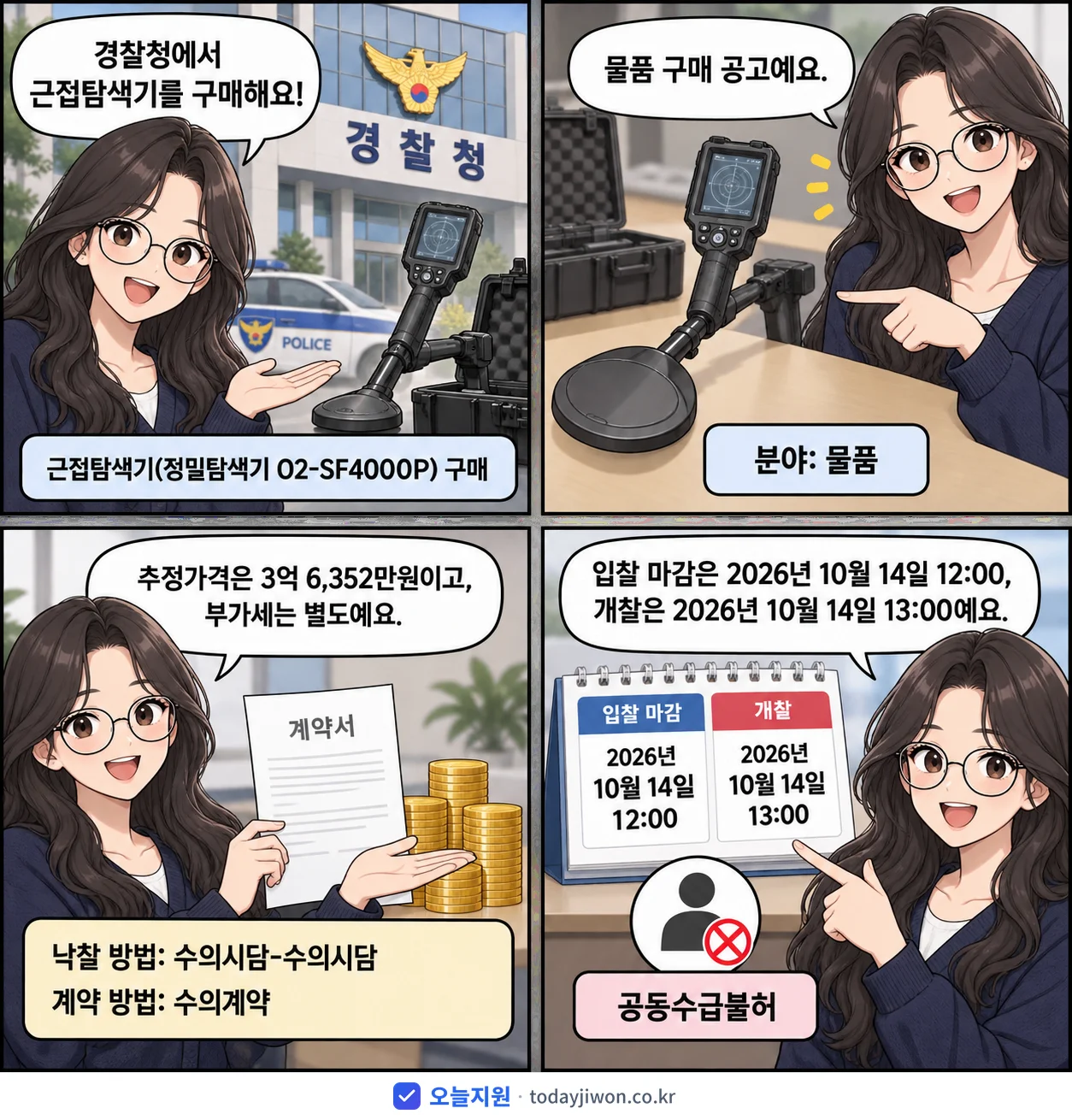 4컷 만화로 보는 공고: 경찰청 '근접탐색기(정밀탐색기 O2-SF4000P) 구매', 추정가격 3억 6,352만원, 입찰 마감 10/14 12:00