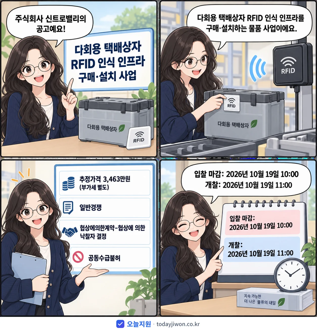 4컷 만화로 보는 공고: 주식회사 신트로밸리 '다회용 택배상자 RFID 인식 인프라 구매·설치 사업', 추정가격 3,463만원, 입찰 마감 10/19 10:00