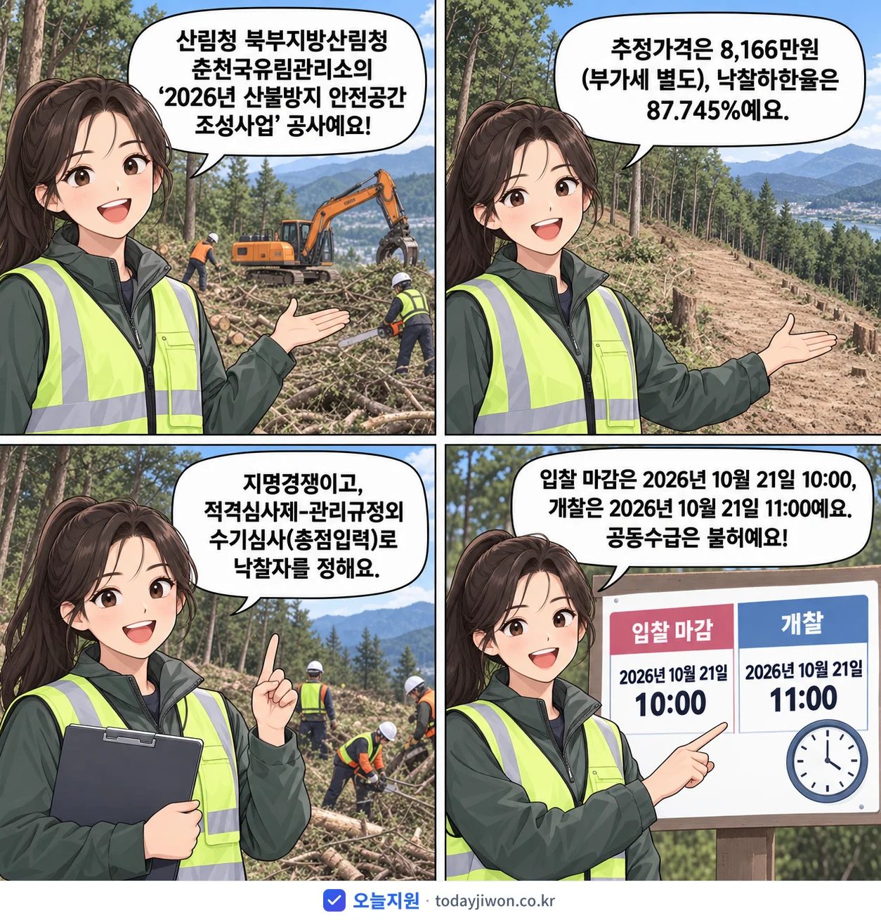4컷 만화로 보는 공고: 산림청 북부지방산림청 춘천국유림관리소 '산불방지 안전공간 조성사업', 추정가격 8,166만원, 입찰 마감 10/21 10:00
