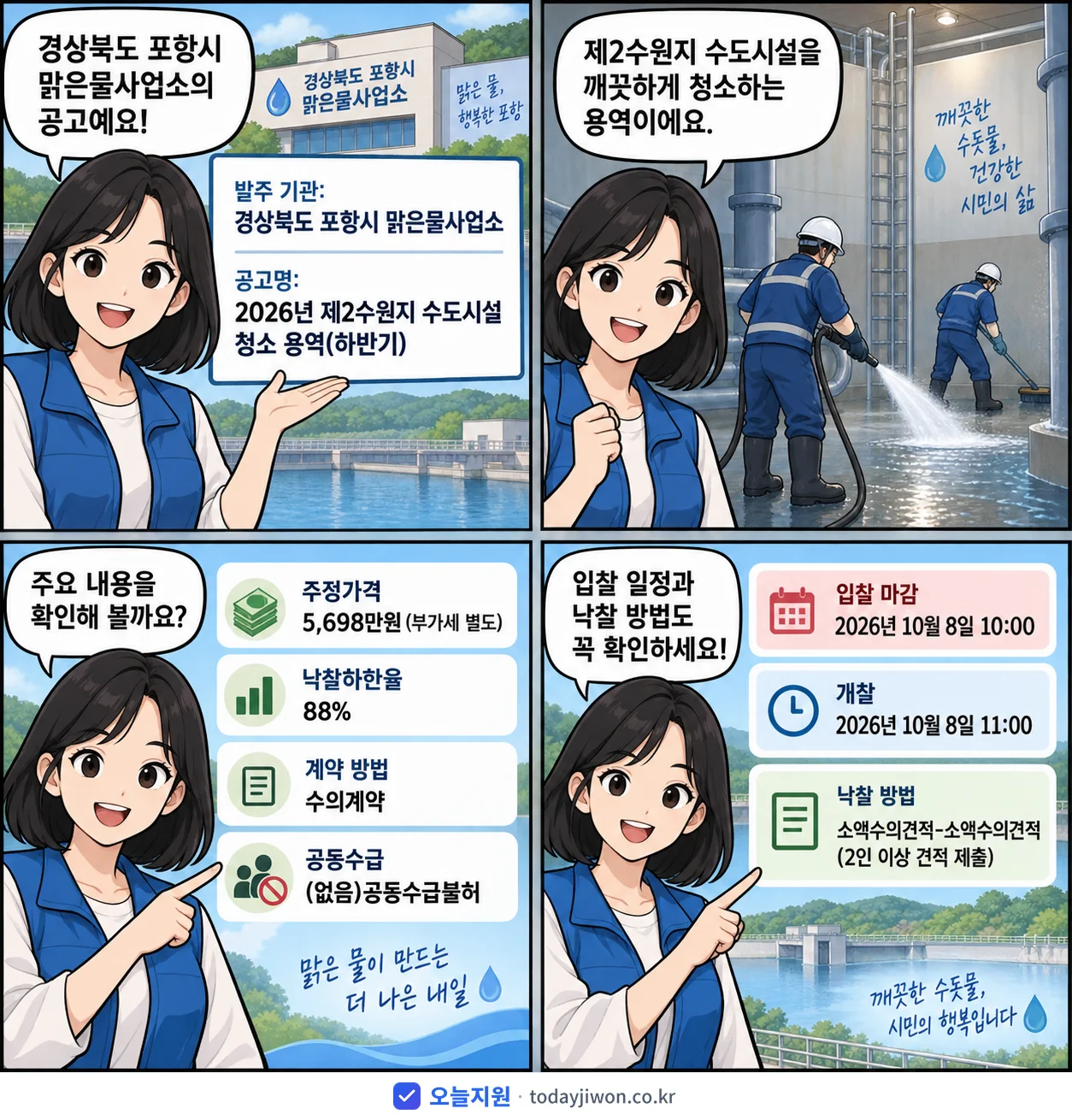4컷 만화로 보는 공고: 경상북도 포항시 맑은물사업소 '제2수원지 수도시설 청소 용역(하반기)', 추정가격 5,698만원, 입찰 마감 10/8 10:00