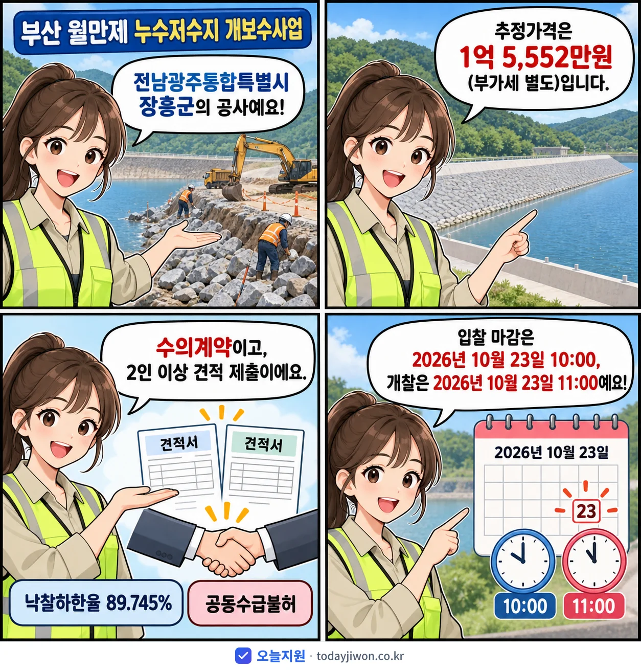 4컷 만화로 보는 공고: 전남광주통합특별시 장흥군 '부산 월만제 누수저수지 개보수사업', 추정가격 1억 5,552만원, 입찰 마감 10/23 10:00