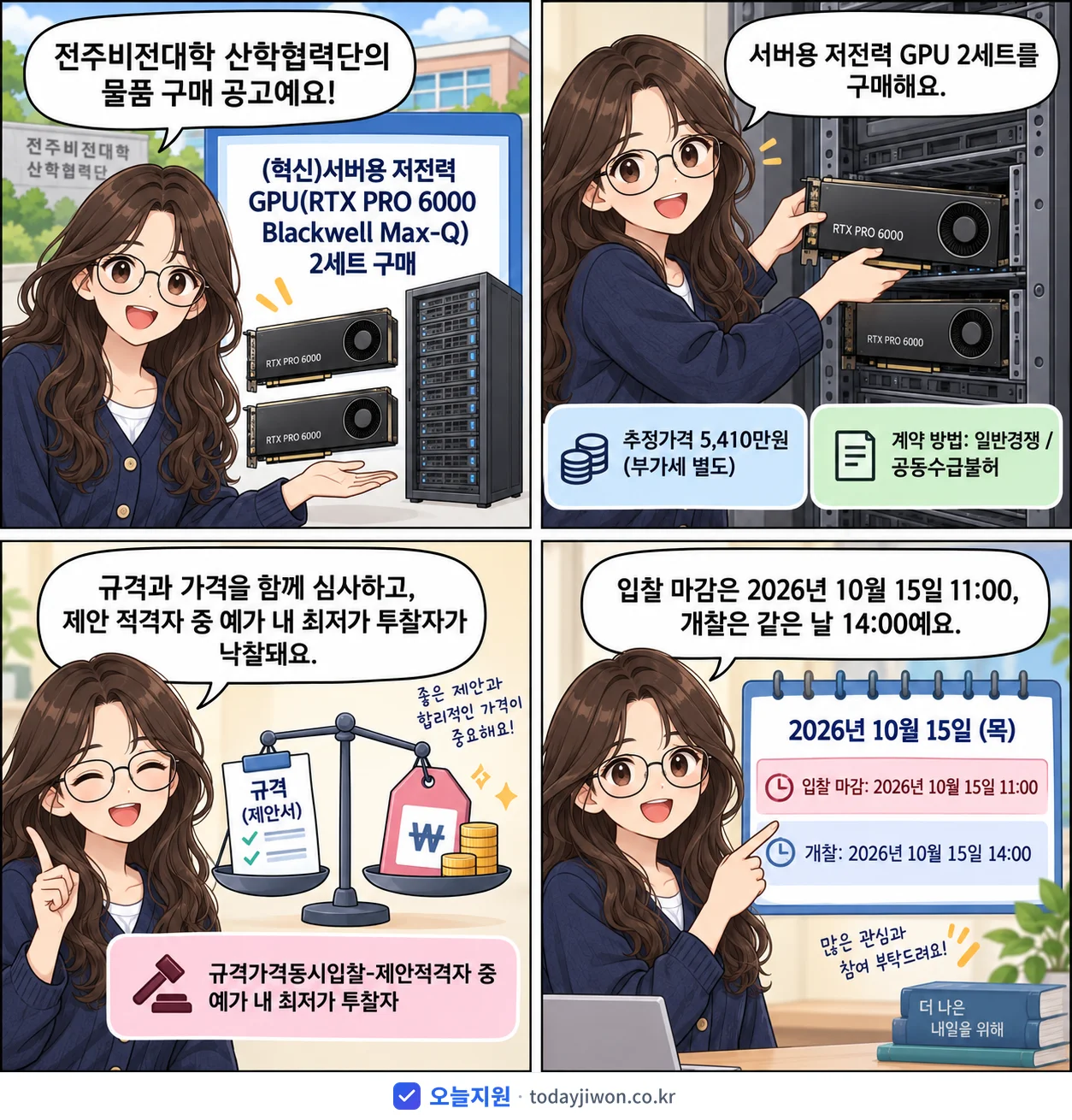4컷 만화로 보는 공고: 전주비전대학 산학협력단 '(혁신)서버용 저전력 GPU(RTX PRO 6000 Blackwell…', 추정가격 5,410만원, 입찰 마감 10/15 11:00