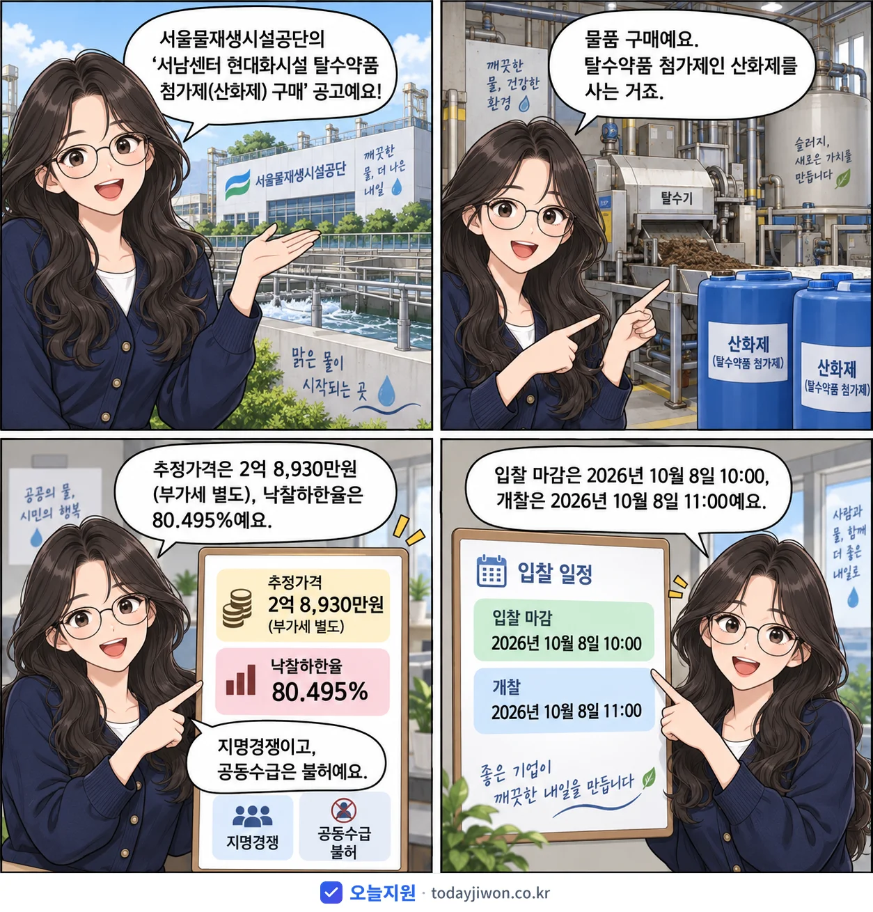 4컷 만화로 보는 공고: 서울물재생시설공단 '서남센터 현대화시설 탈수약품 첨가제(산화제) 구매', 추정가격 2억 8,930만원, 입찰 마감 10/8 10:00