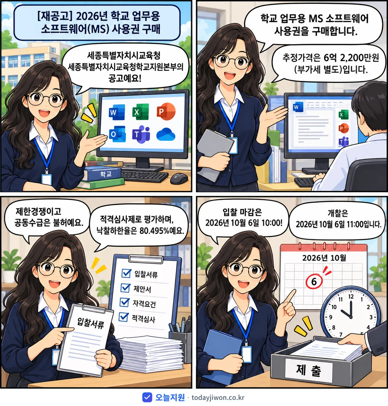 4컷 만화로 보는 공고: 세종특별자치시교육청 세종특별자치시교육청학교지원본부 '학교 업무용 소프트웨어(MS) 사용권 구매', 추정가격 6억 2,200만원, 입찰 마감 10/6 10:00