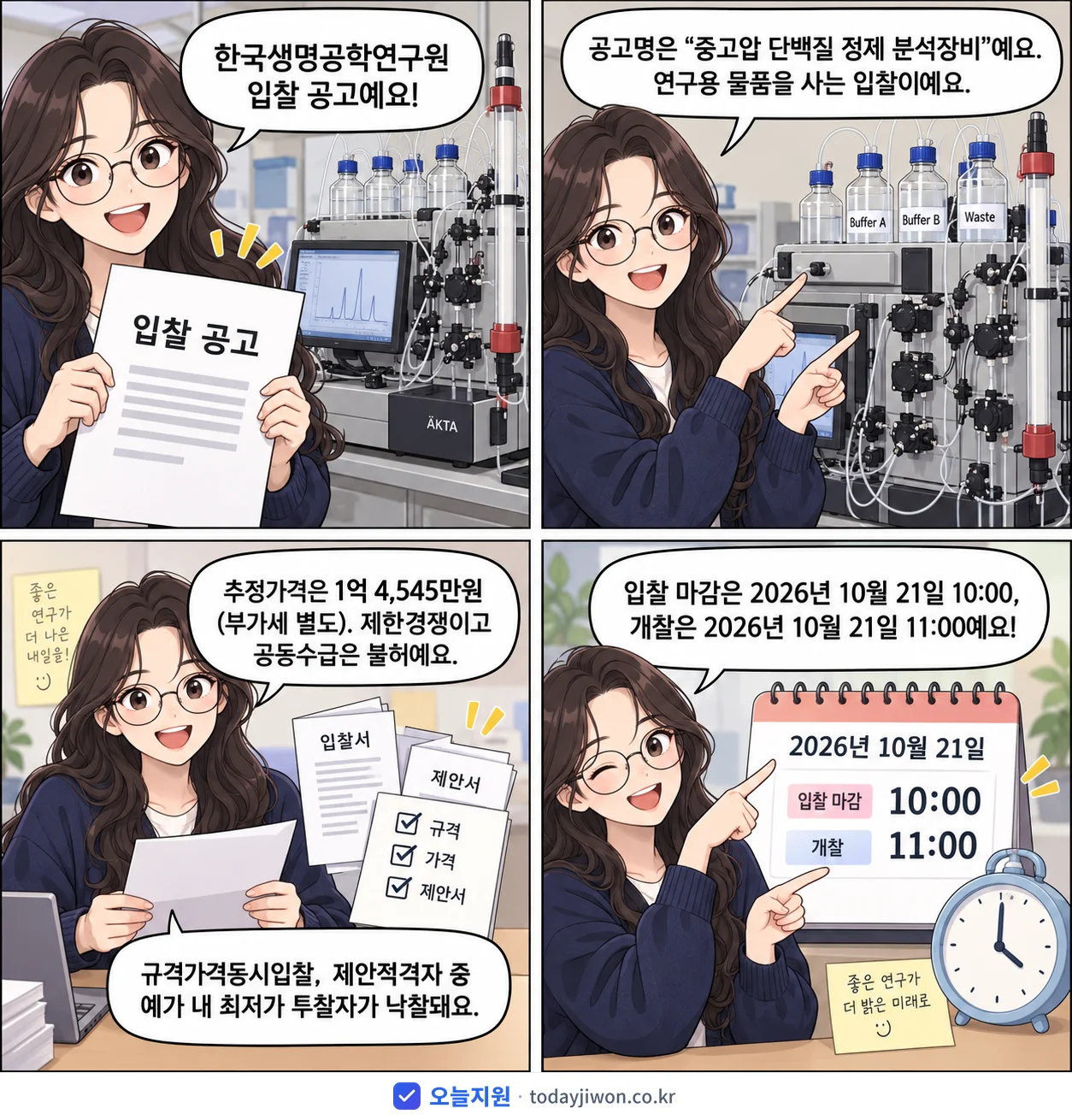 4컷 만화로 보는 공고: 한국생명공학연구원 '중고압 단백질 정제 분석장비', 추정가격 1억 4,545만원, 입찰 마감 10/21 10:00