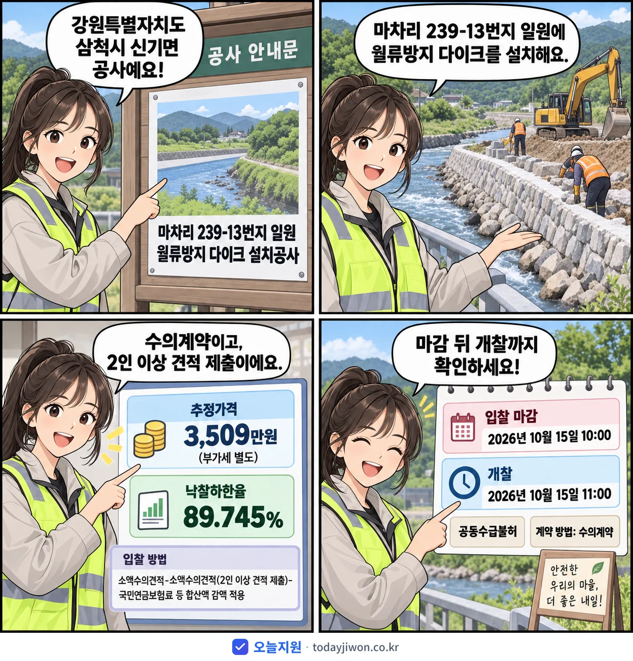 4컷 만화로 보는 공고: 강원특별자치도 삼척시 신기면 '마차리 239-13번지 일원 월류방지 다이크 설치공사', 추정가격 3,509만원, 입찰 마감 10/15 10:00