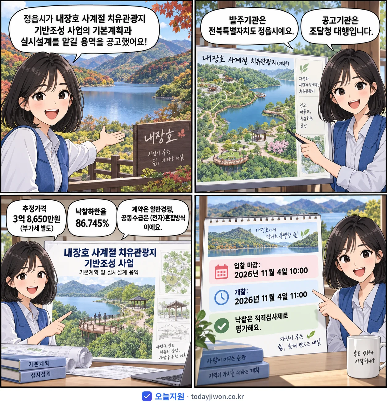 4컷 만화로 보는 공고: 전북특별자치도 정읍시 '내장호 사계절 치유관광지 기반조성 사업 기본계획 수립 및 실시설계용역', 추정가격 3억 8,650만원, 입찰 마감 11/4 10:00