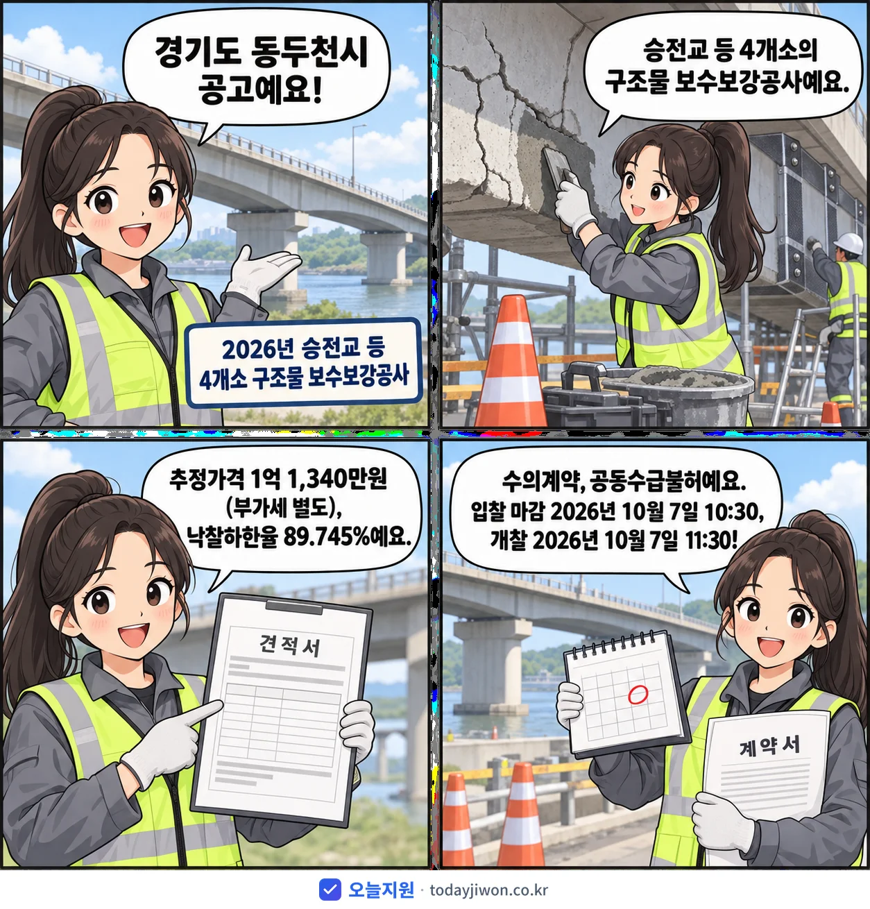 4컷 만화로 보는 공고: 경기도 동두천시 '승전교 등 4개소 구조물 보수보강공사', 추정가격 1억 1,340만원, 입찰 마감 10/7 10:30