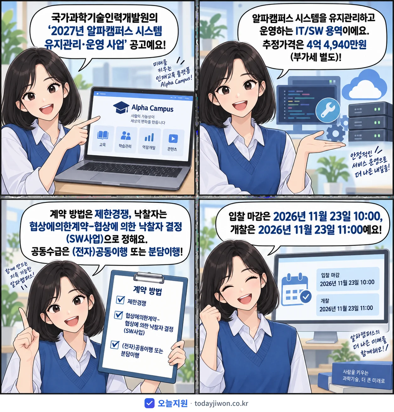 4컷 만화로 보는 공고: 국가과학기술인력개발원 '알파캠퍼스 시스템 유지관리·운영 사업', 추정가격 4억 4,940만원, 입찰 마감 11/23 10:00