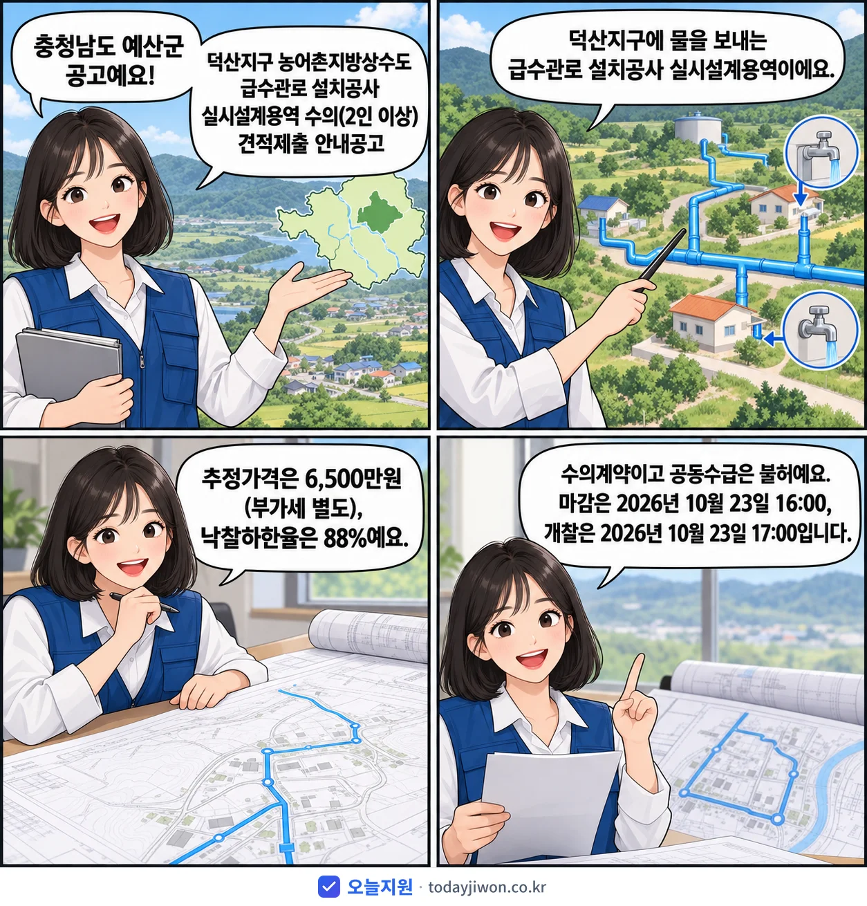 4컷 만화로 보는 공고: 충청남도 예산군 '덕산지구 농어촌지방상수도 급수관로 설치공사 실시설계용역 수의(2인 이상…', 추정가격 6,500만원, 입찰 마감 10/23 16:00