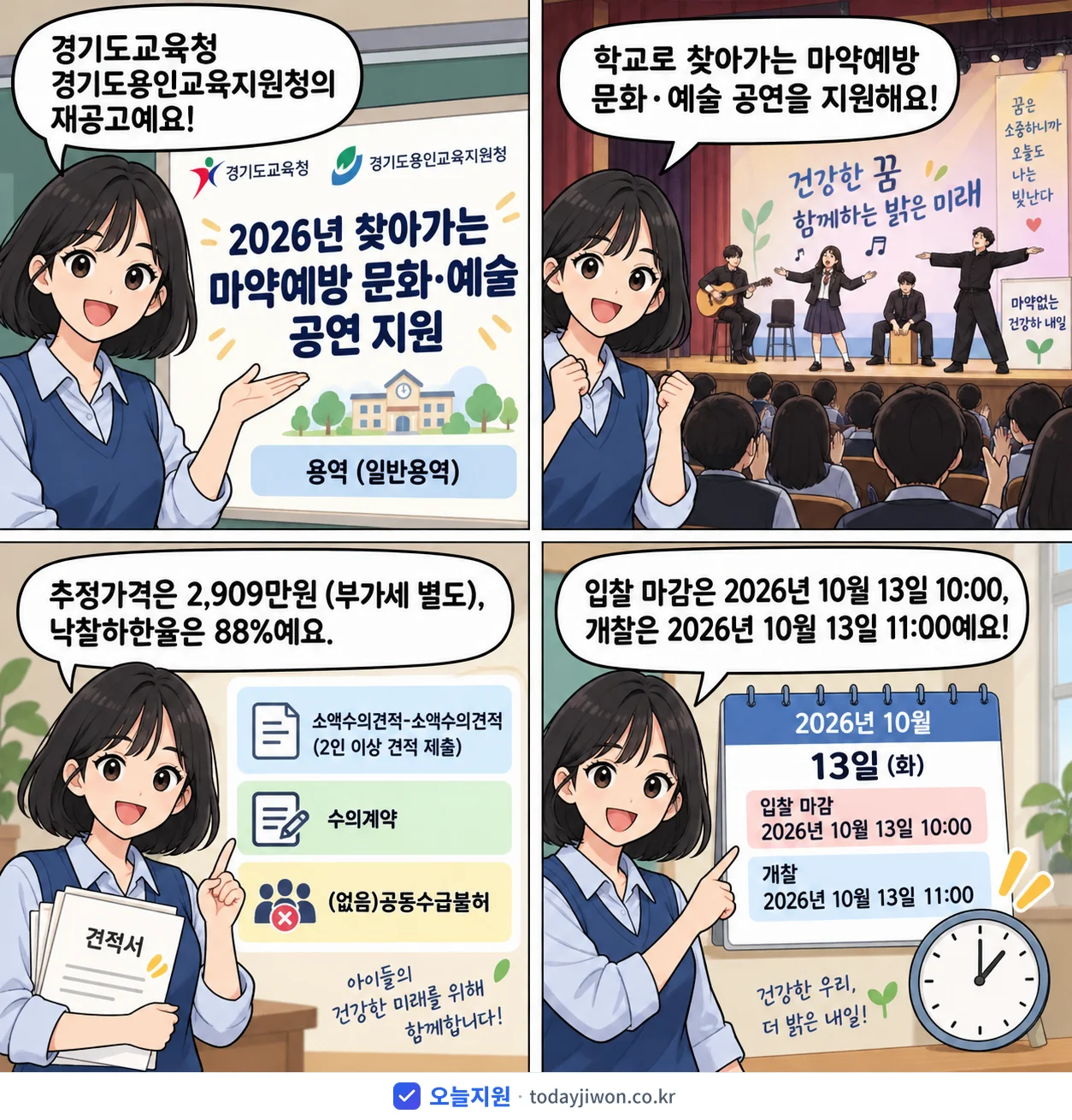 4컷 만화로 보는 공고: 경기도교육청 경기도용인교육지원청 '찾아가는 마약예방 문화·예술 공연 지원', 추정가격 2,909만원, 입찰 마감 10/13 10:00