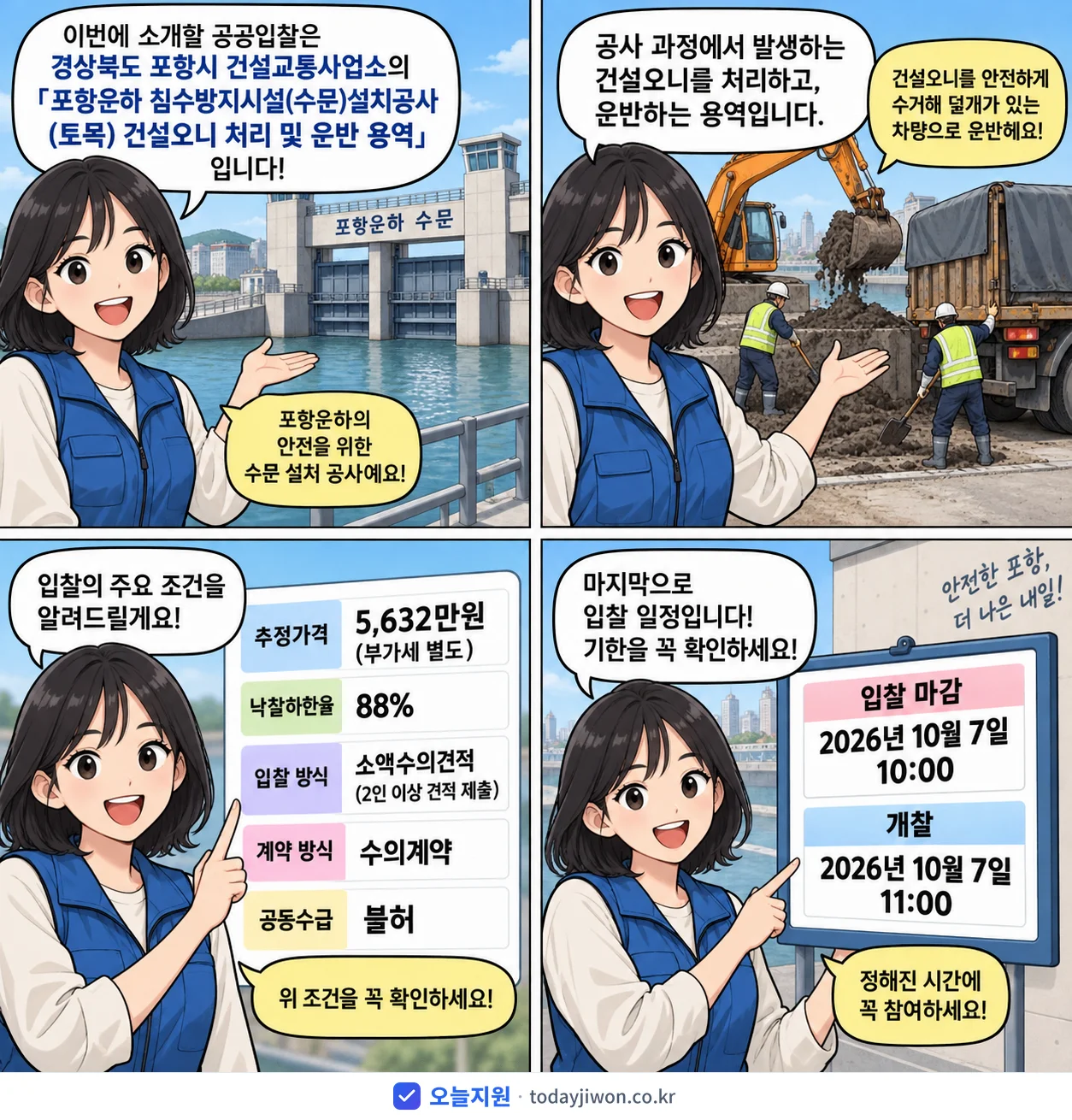 4컷 만화로 보는 공고: 경상북도 포항시 건설교통사업소 '포항운하 침수방지시설(수문)설치공사(토목) 건설오니 처리 및 운반 용역', 추정가격 5,632만원, 입찰 마감 10/7 10:00