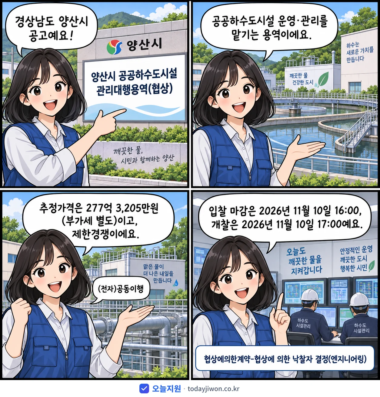 4컷 만화로 보는 공고: 경상남도 양산시 '양산시 공공하수도시설 관리대행용역', 추정가격 277억 3,205만원, 입찰 마감 11/10 16:00