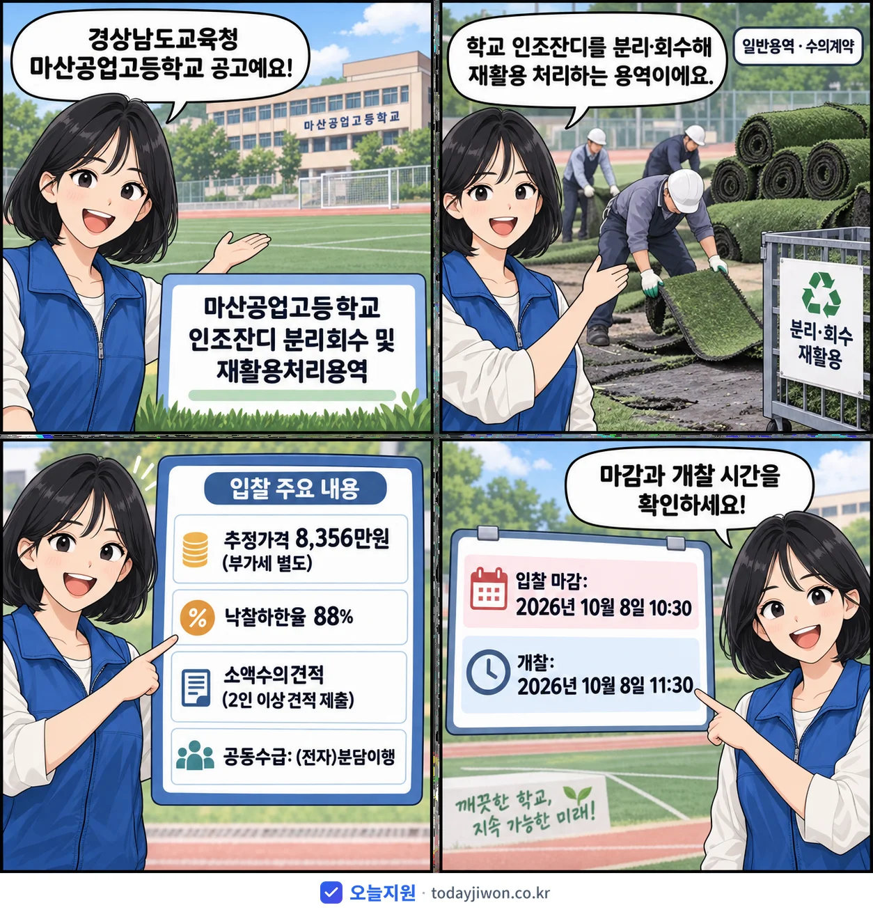 4컷 만화로 보는 공고: 경상남도교육청 마산공업고등학교 '마산공업고등학교 인조잔디 분리회수 및 재활용처리용역', 추정가격 8,356만원, 입찰 마감 10/8 10:30