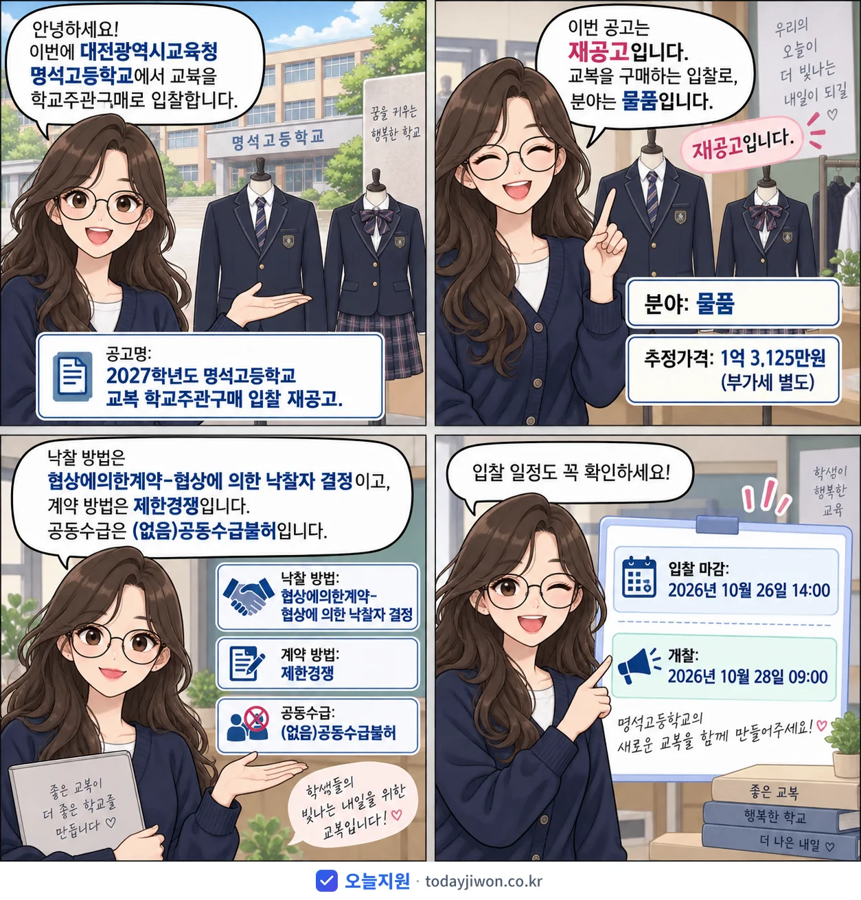 4컷 만화로 보는 공고: 대전광역시교육청 명석고등학교 '학년도 명석고등학교 교복 학교주관구매 입찰 재공고', 추정가격 1억 3,125만원, 입찰 마감 10/26 14:00