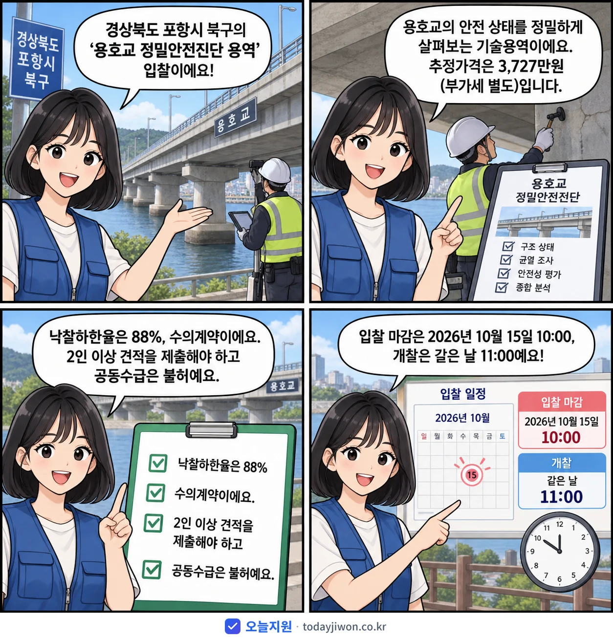 4컷 만화로 보는 공고: 경상북도 포항시 북구 '용호교 정밀안전진단 용역', 추정가격 3,727만원, 입찰 마감 10/15 10:00