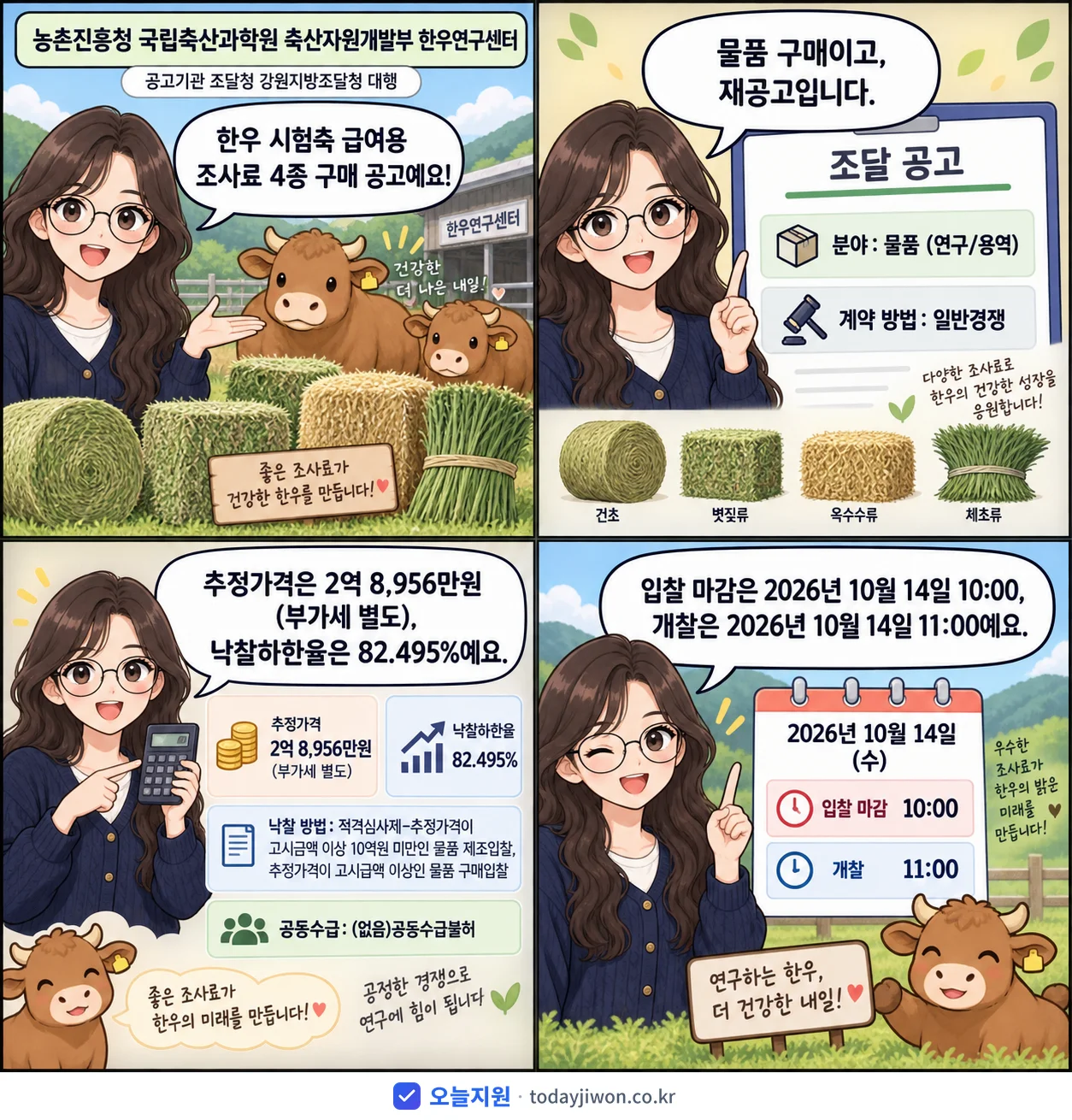 4컷 만화로 보는 공고: 농촌진흥청 국립축산과학원 축산자원개발부 한우연구센터 '한우 시험축 급여용 조사료 4종 구매', 추정가격 2억 8,956만원, 입찰 마감 10/14 10:00