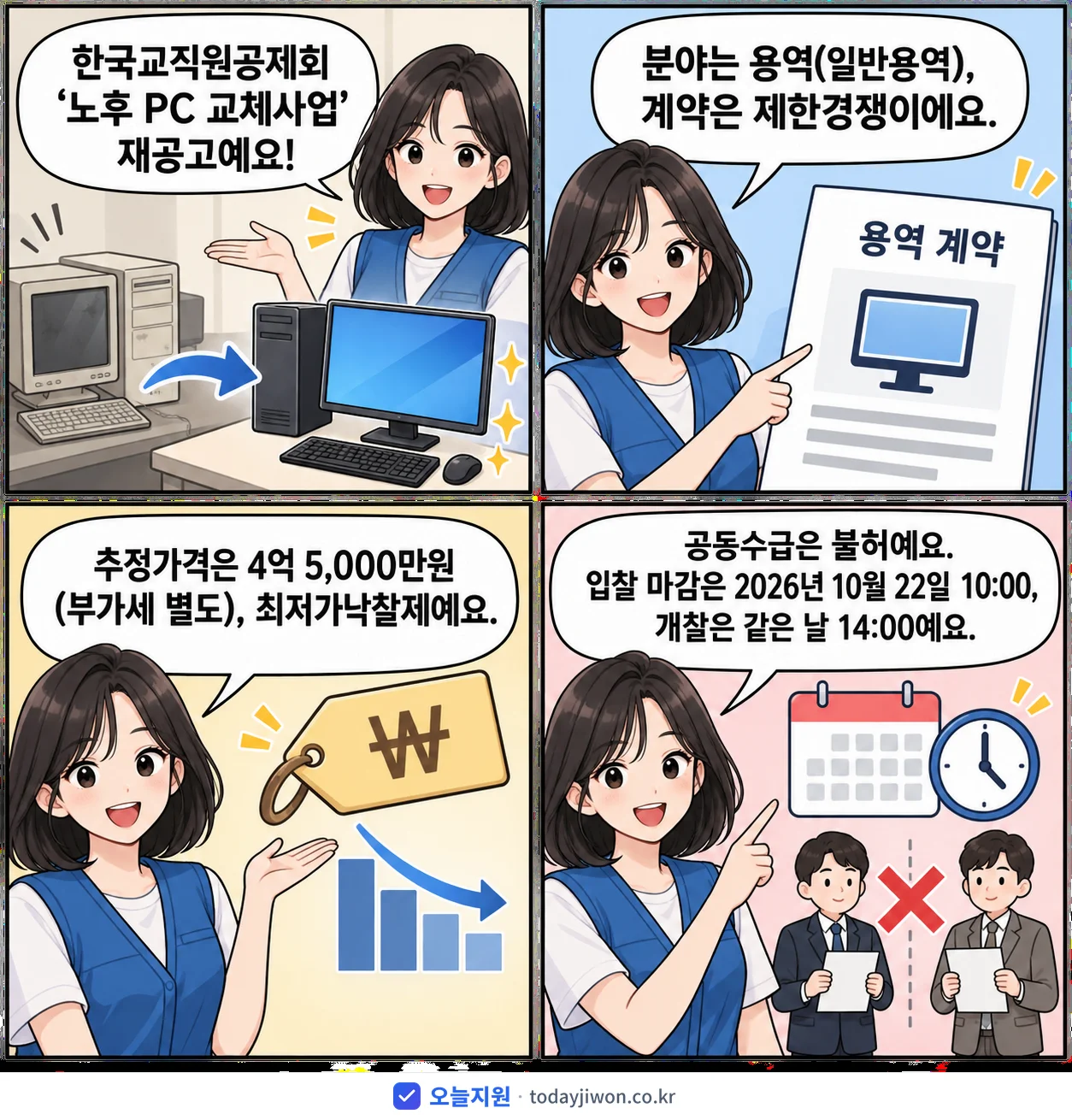 4컷 만화로 보는 공고: 한국교직원공제회 '노후 PC 교체사업', 추정가격 4억 5,000만원, 입찰 마감 10/22 10:00