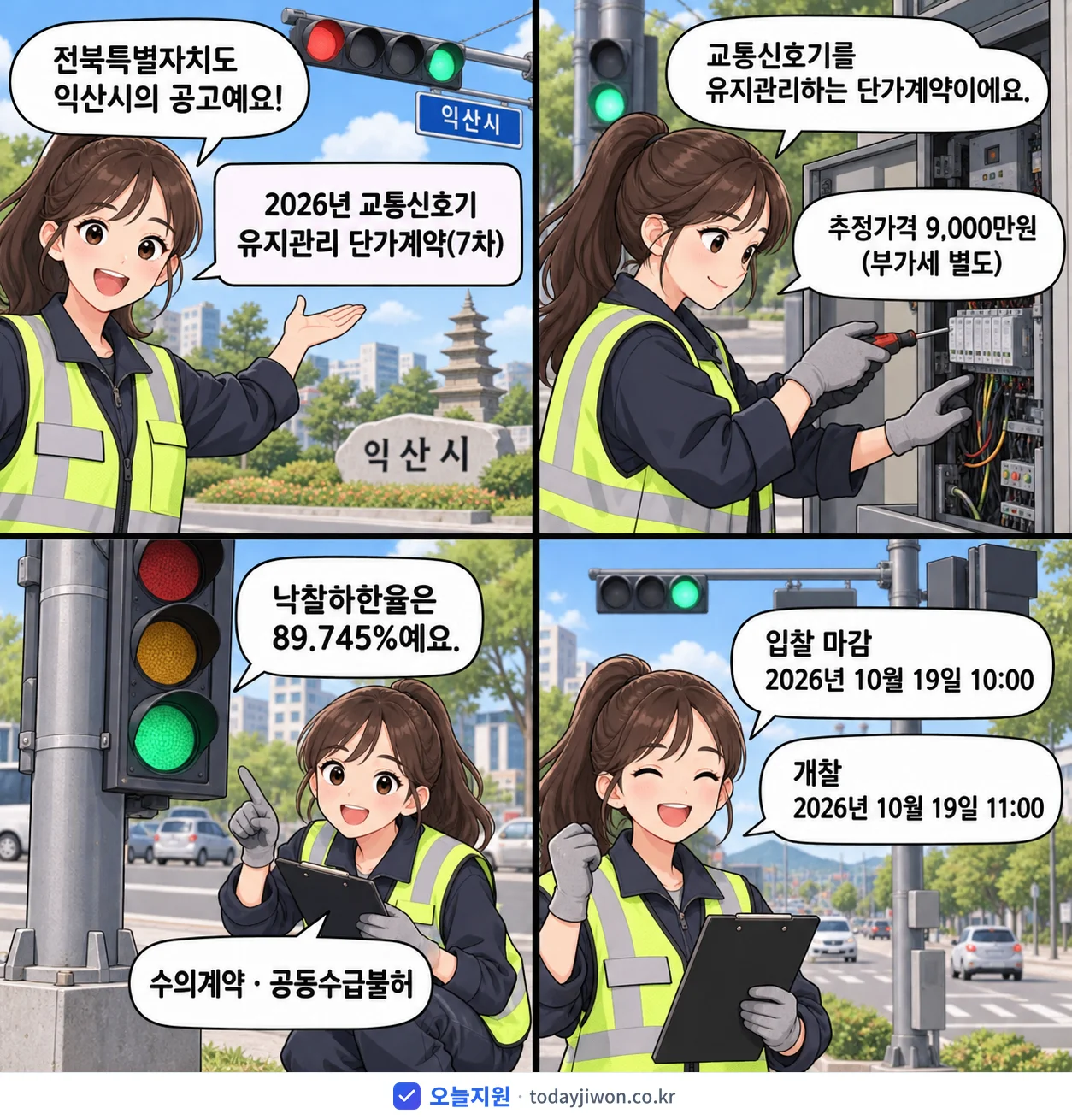 4컷 만화로 보는 공고: 전북특별자치도 익산시 '교통신호기 유지관리 단가계약(7차)', 추정가격 9,000만원, 입찰 마감 10/19 10:00
