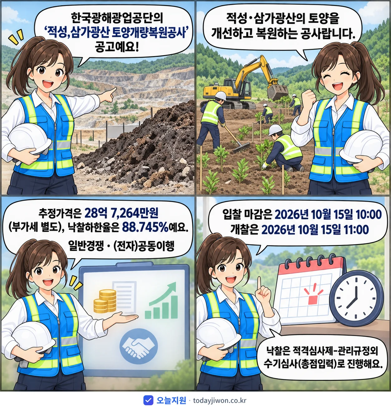 4컷 만화로 보는 공고: 한국광해광업공단 '적성,삼가광산 토양개량복원공사', 추정가격 28억 7,264만원, 입찰 마감 10/15 10:00