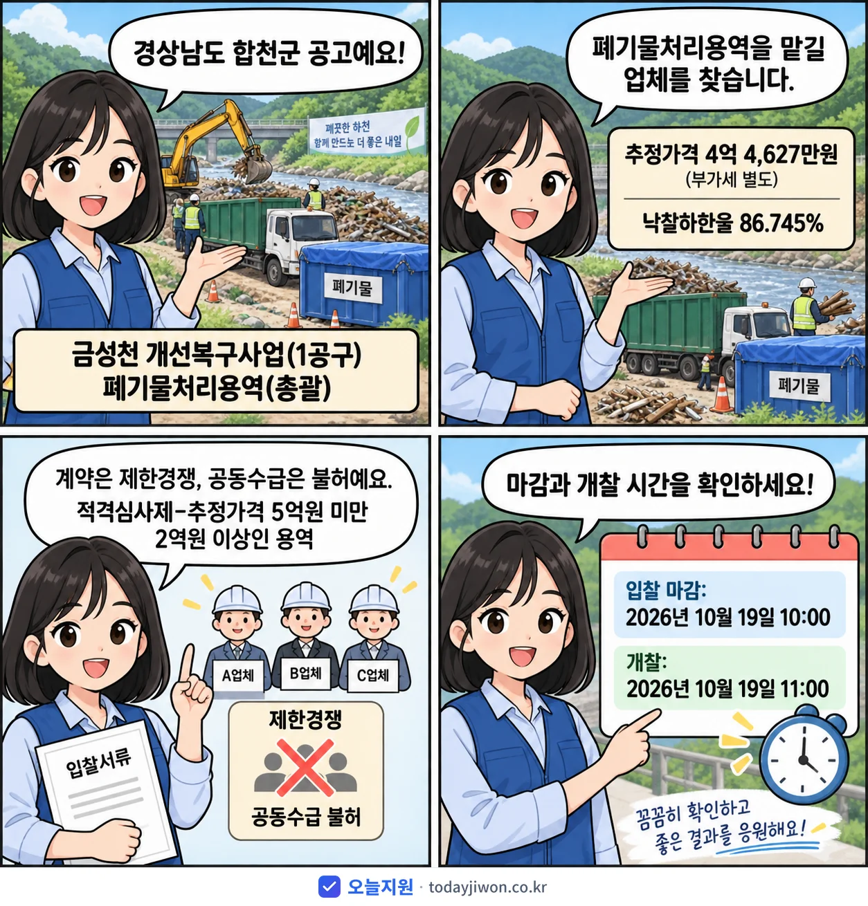 4컷 만화로 보는 공고: 경상남도 합천군 '금성천 개선복구사업(1공구) 폐기물처리용역(총괄)', 추정가격 4억 4,627만원, 입찰 마감 10/19 10:00