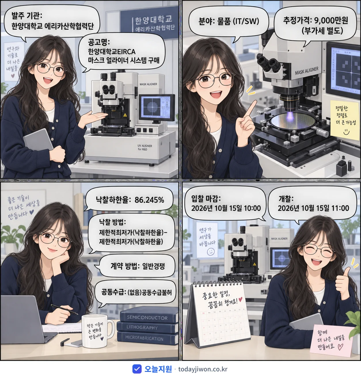 4컷 만화로 보는 공고: 한양대학교 에리카산학협력단 '한양대학교EIRCA 마스크 얼라이너 시스템 구매', 추정가격 9,000만원, 입찰 마감 10/15 10:00