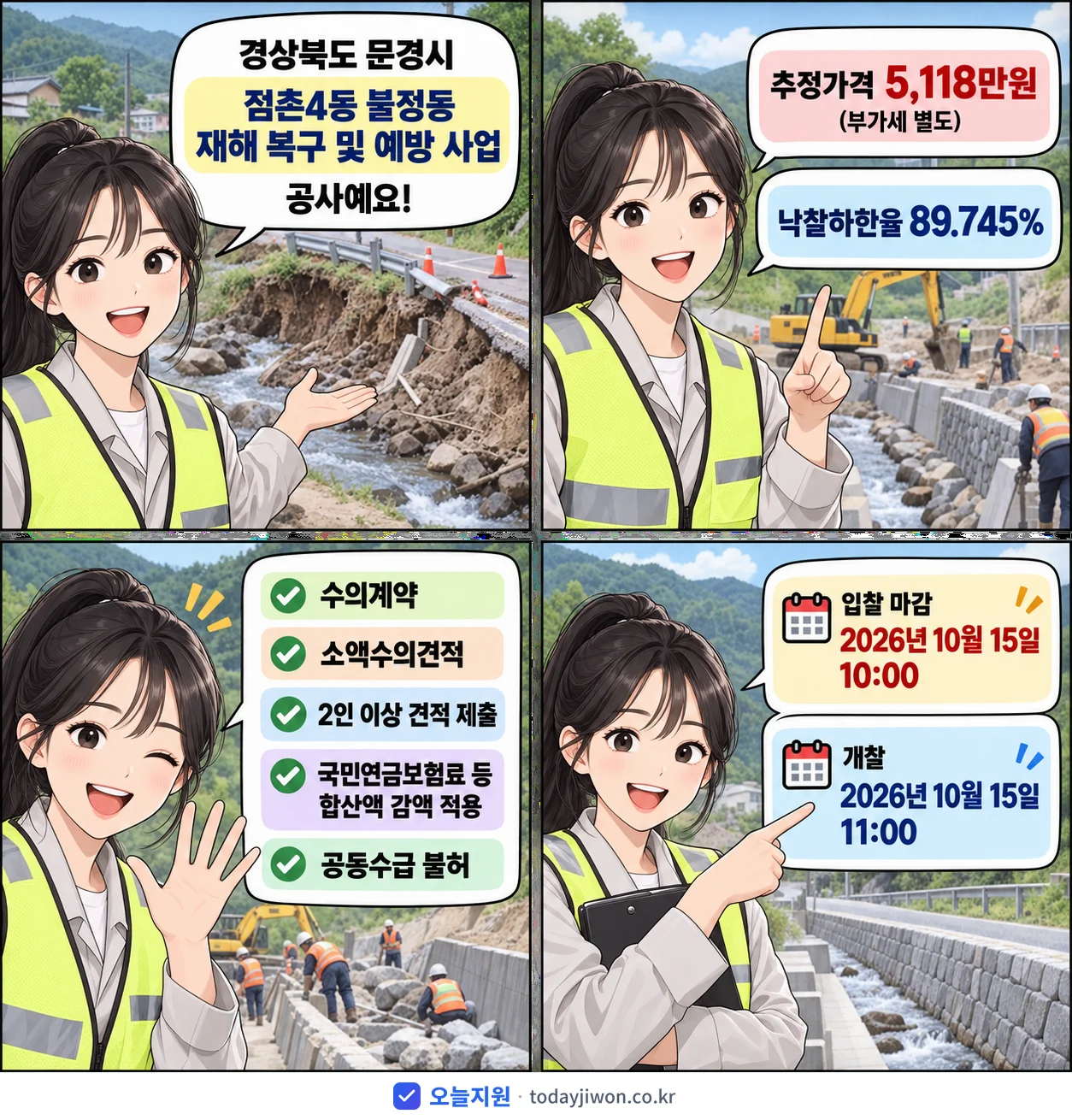 4컷 만화로 보는 공고: 경상북도 문경시 '점촌4동 불정동 재해 복구 및 예방 사업', 추정가격 5,118만원, 입찰 마감 10/15 10:00