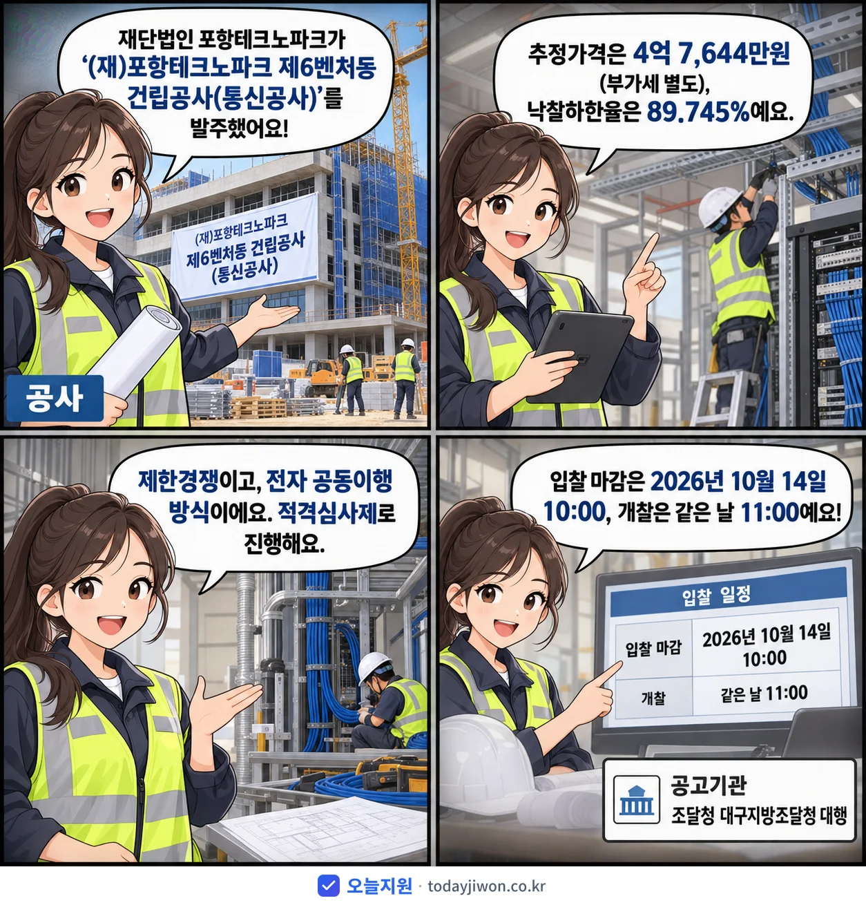 4컷 만화로 보는 공고: 재단법인 포항테크노파크 '(재)포항테크노파크 제6벤처동 건립공사(통신공사)', 추정가격 4억 7,644만원, 입찰 마감 10/14 10:00