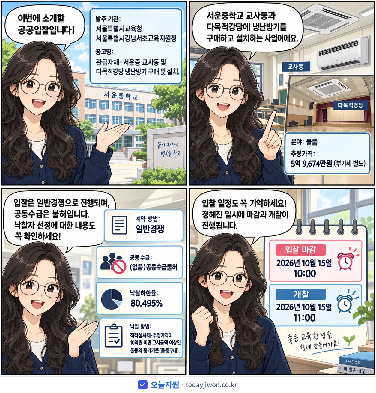 4컷 만화로 보는 공고: 서울특별시교육청 서울특별시강남서초교육지원청 '관급자재-서운중 교사동 및 다목적강당 냉난방기 구매 및 설치', 추정가격 5억 9,674만원, 입찰 마감 10/15 10:00
