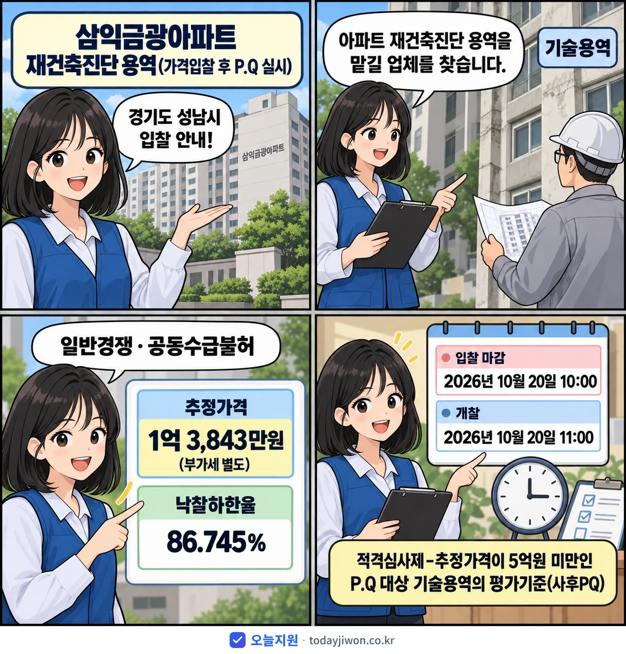 4컷 만화로 보는 공고: 경기도 성남시 '삼익금광아파트 재건축진단 용역(가격입찰 후 P.Q 실시)', 추정가격 1억 3,843만원, 입찰 마감 10/20 10:00
