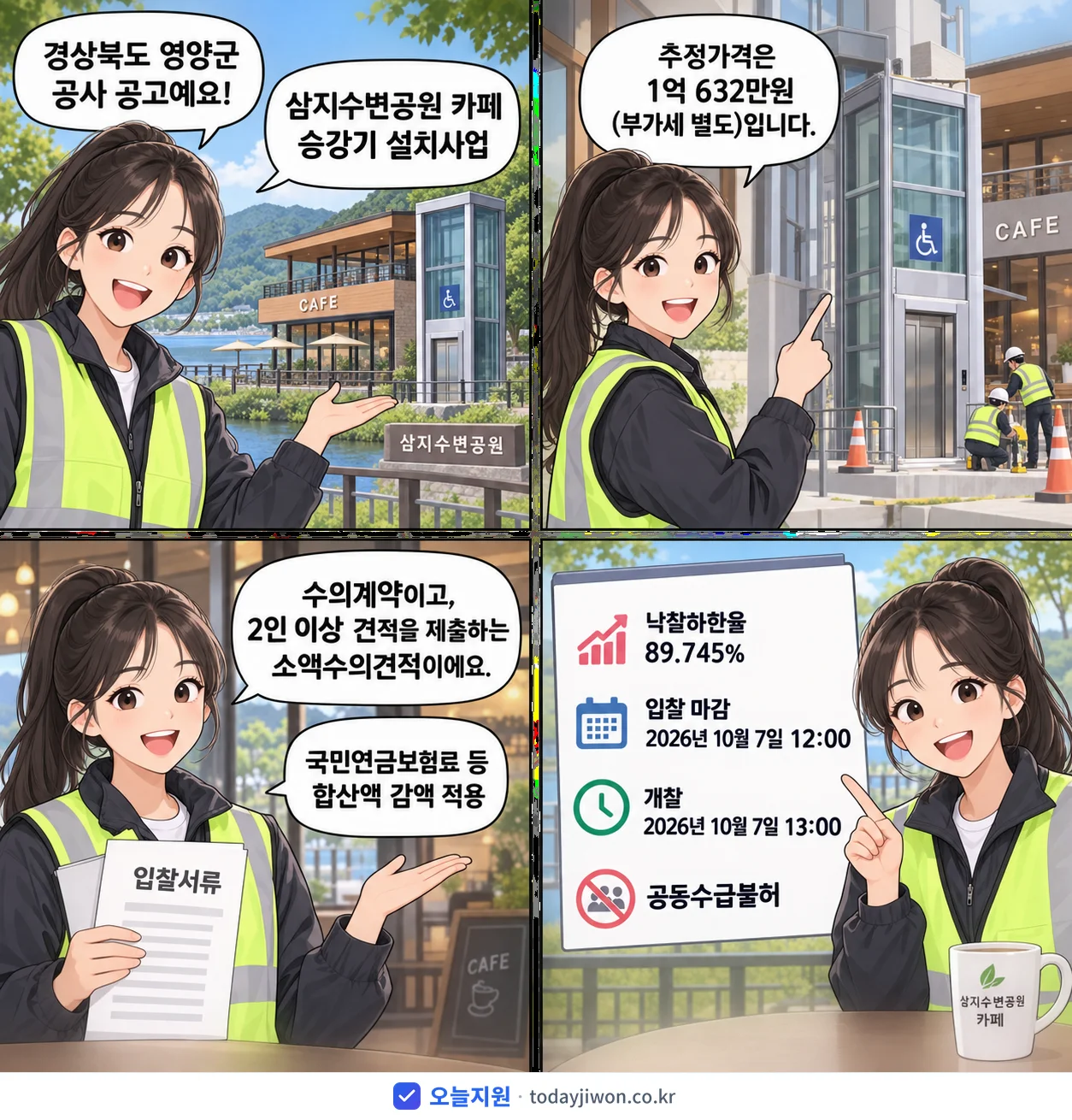 4컷 만화로 보는 공고: 경상북도 영양군 '삼지수변공원 카페 승강기 설치사업', 추정가격 1억 632만원, 입찰 마감 10/7 12:00
