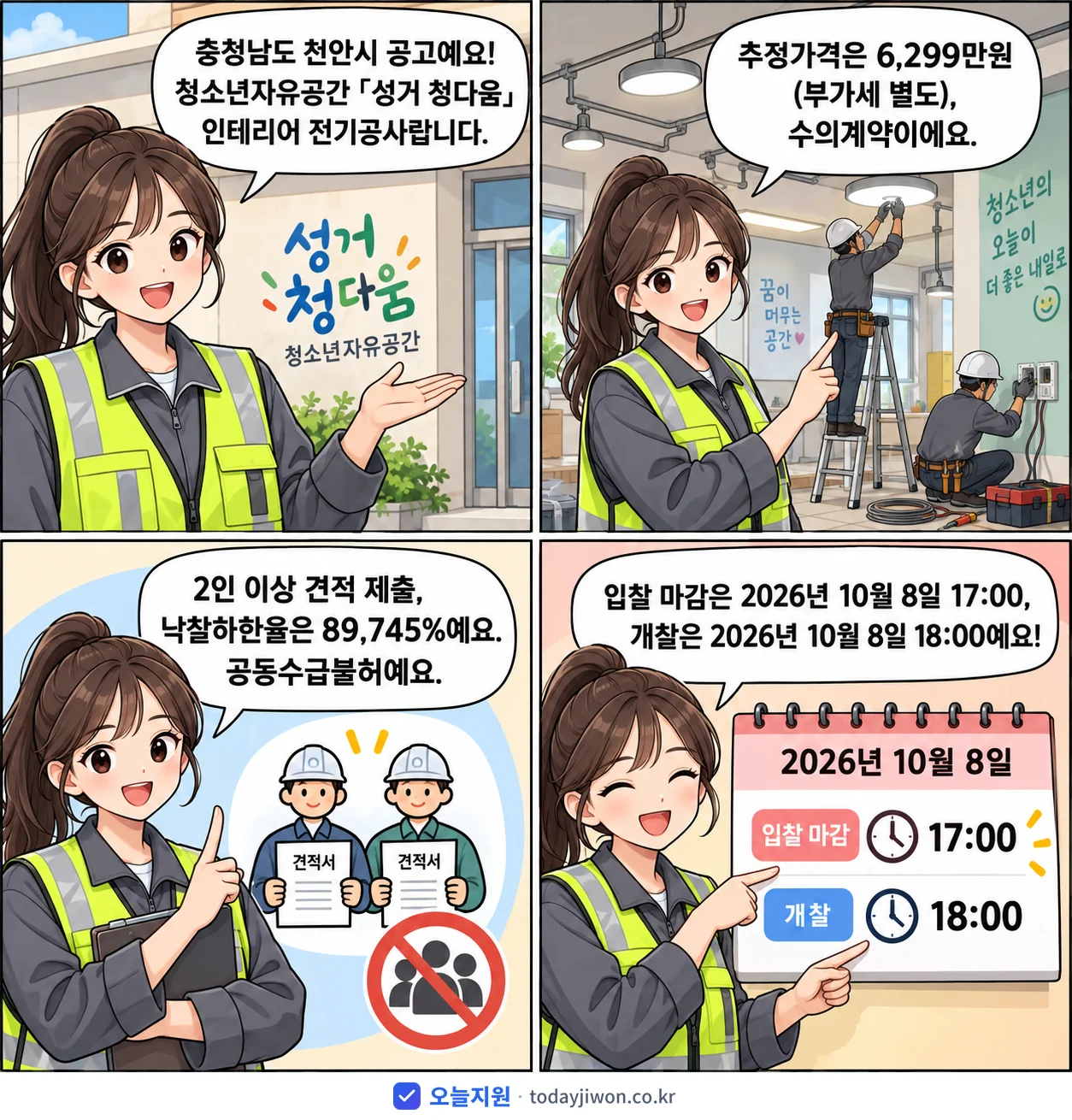 4컷 만화로 보는 공고: 충청남도 천안시 '청소년자유공간 「성거 청다움」 인테리어 전기공사', 추정가격 6,299만원, 입찰 마감 10/8 17:00