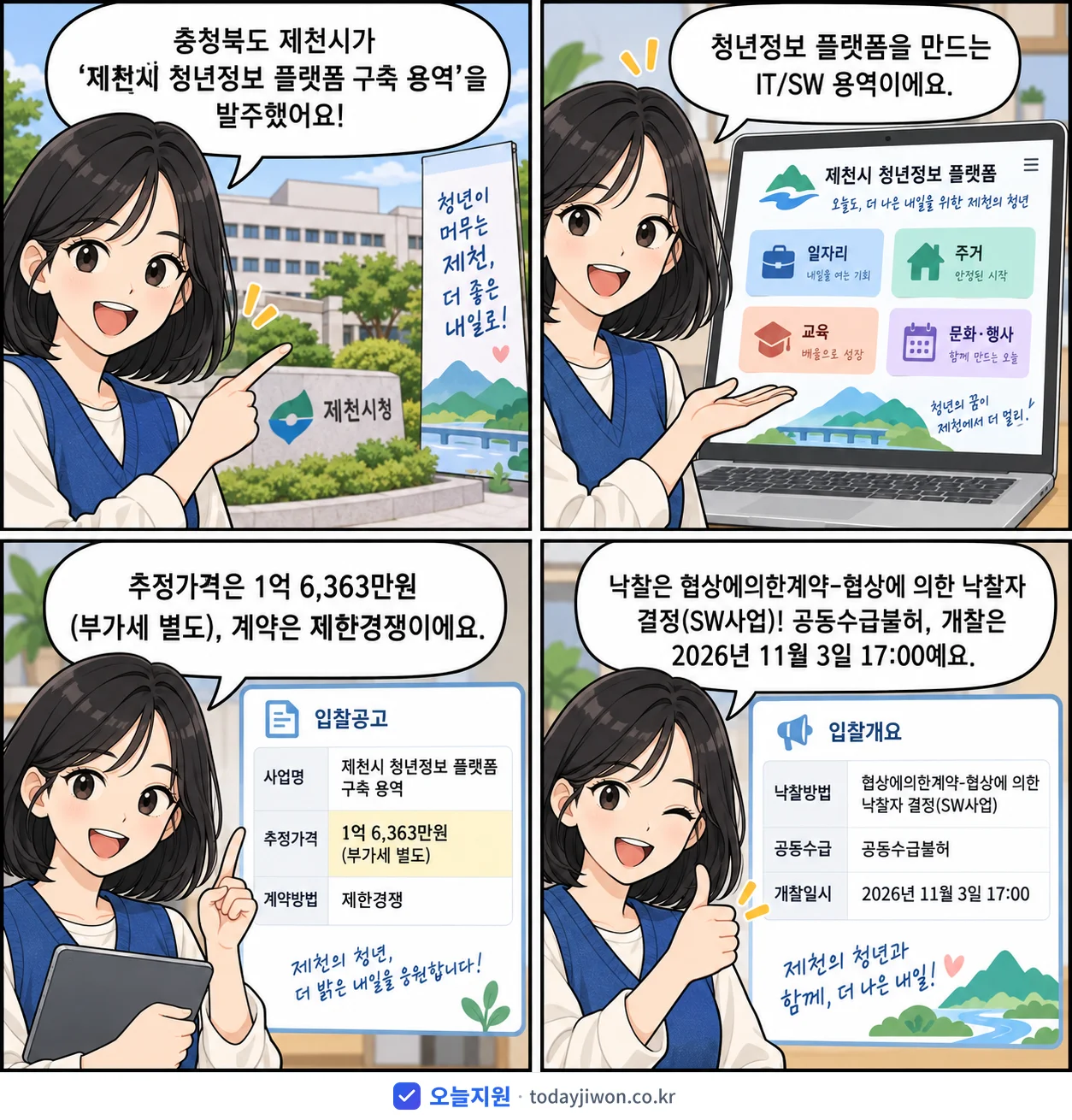 4컷 만화로 보는 공고: 충청북도 제천시 '제천시 청년정보 플랫폼 구축 용역', 추정가격 1억 6,363만원