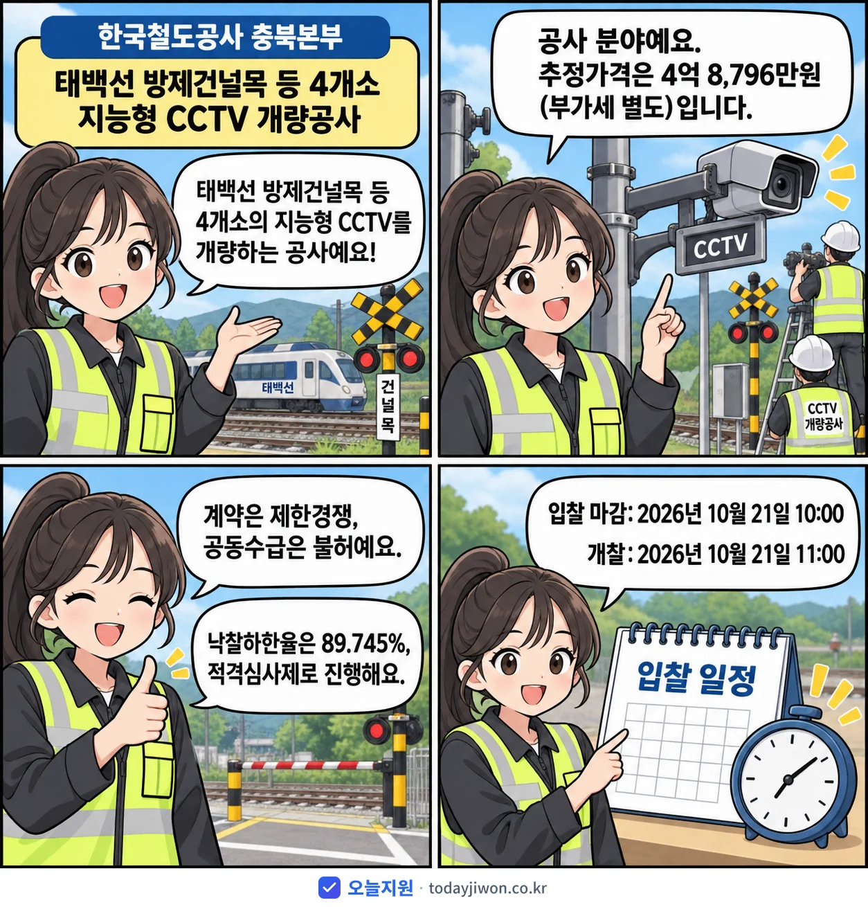 4컷 만화로 보는 공고: 한국철도공사 충북본부 '태백선 방제건널목 등 4개소 지능형 CCTV 개량공사', 추정가격 4억 8,796만원, 입찰 마감 10/21 10:00