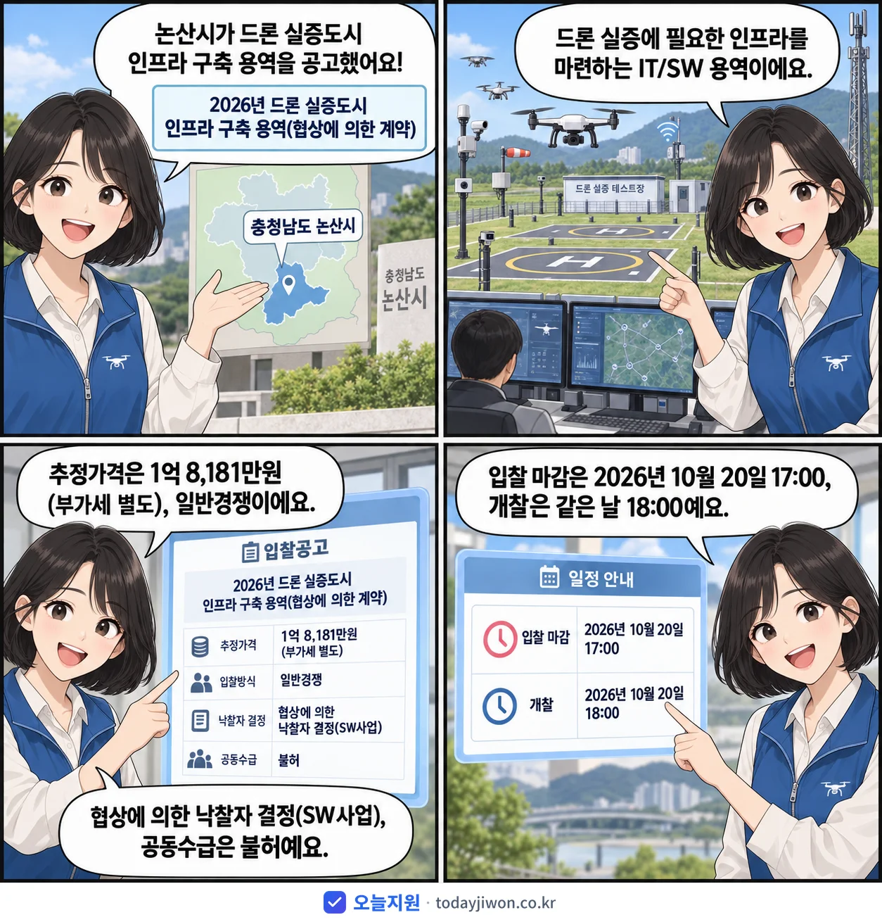 4컷 만화로 보는 공고: 충청남도 논산시 '드론 실증도시 인프라 구축 용역(협상에 의한 계약)', 추정가격 1억 8,181만원, 입찰 마감 10/20 17:00