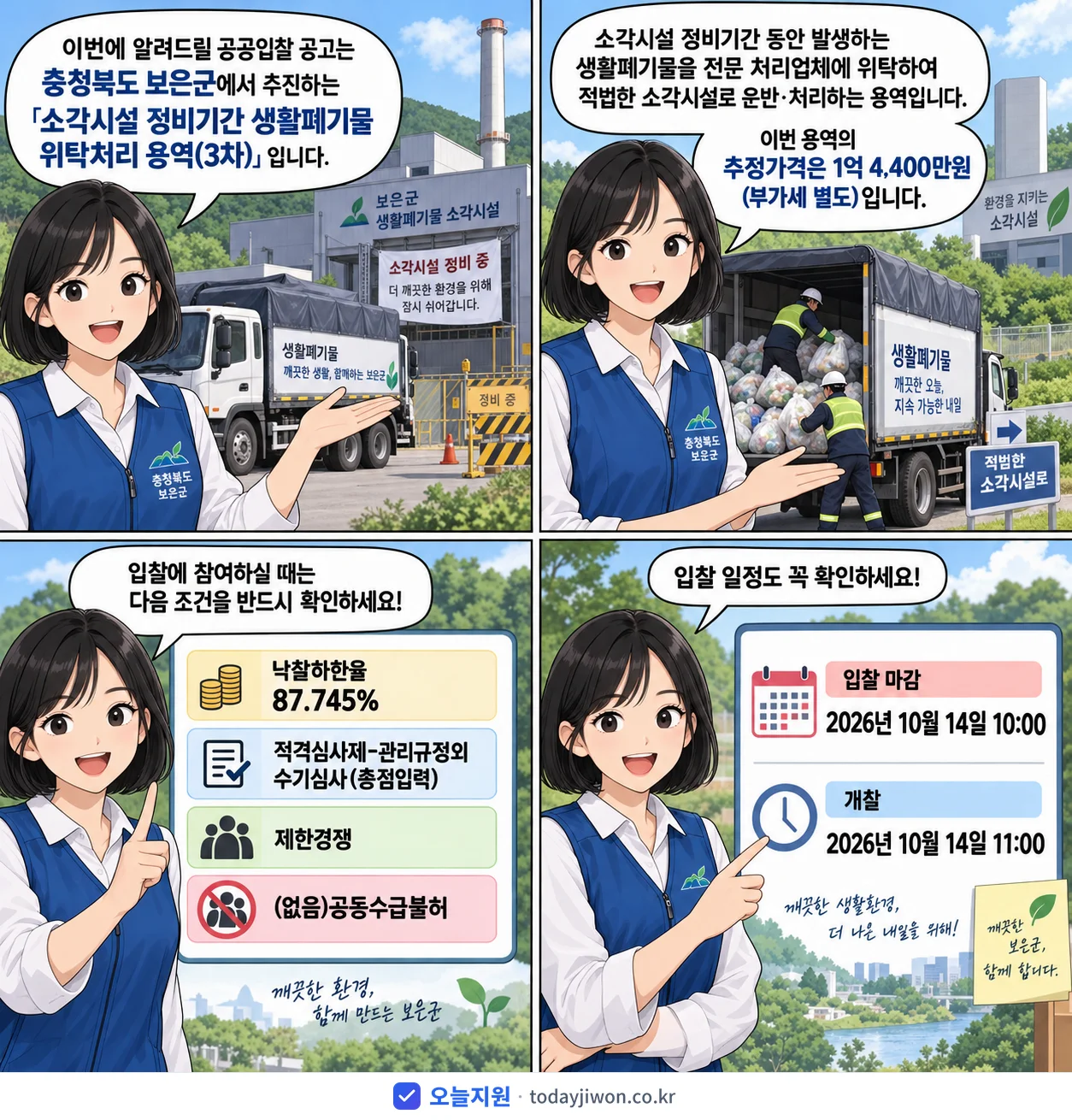 4컷 만화로 보는 공고: 충청북도 보은군 '소각시설 정비기간 생활폐기물 위탁처리 용역(3차)', 추정가격 1억 4,400만원, 입찰 마감 10/14 10:00