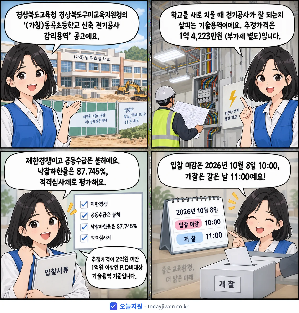 4컷 만화로 보는 공고: 경상북도교육청 경상북도구미교육지원청 '(가칭)동곡초등학교 신축 전기공사 감리용역', 추정가격 1억 4,223만원, 입찰 마감 10/8 10:00