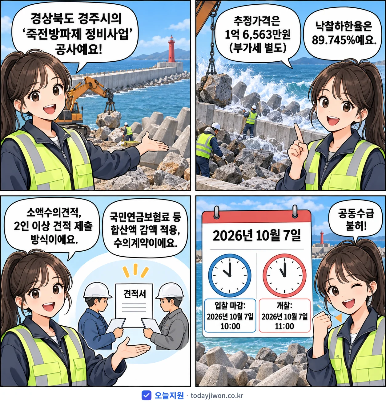 4컷 만화로 보는 공고: 경상북도 경주시 '죽전방파제 정비사업', 추정가격 1억 6,563만원, 입찰 마감 10/7 10:00